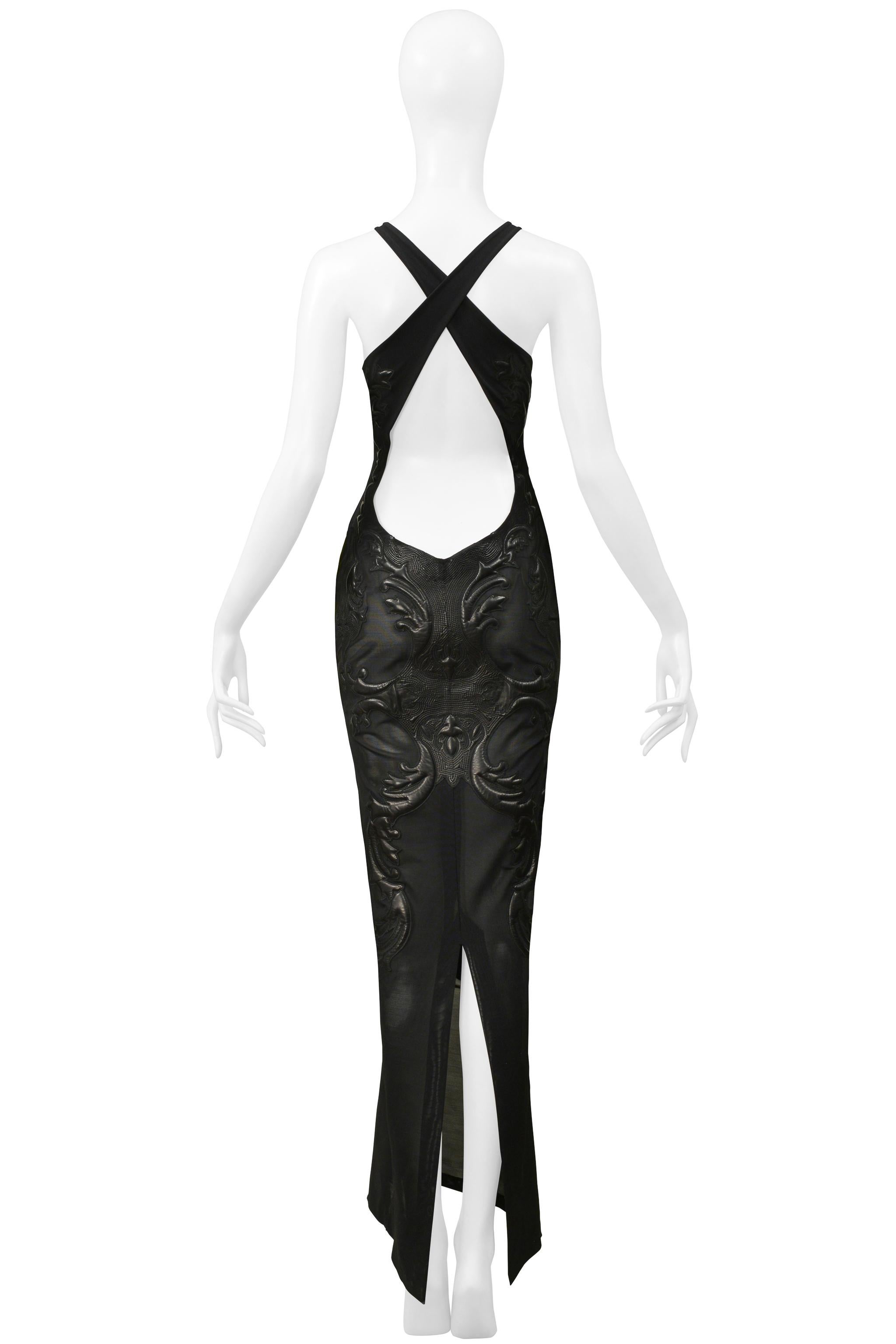 Roberto Cavalli Black Mesh & Leather Applique Evening Gown 2002 For Sale 4
