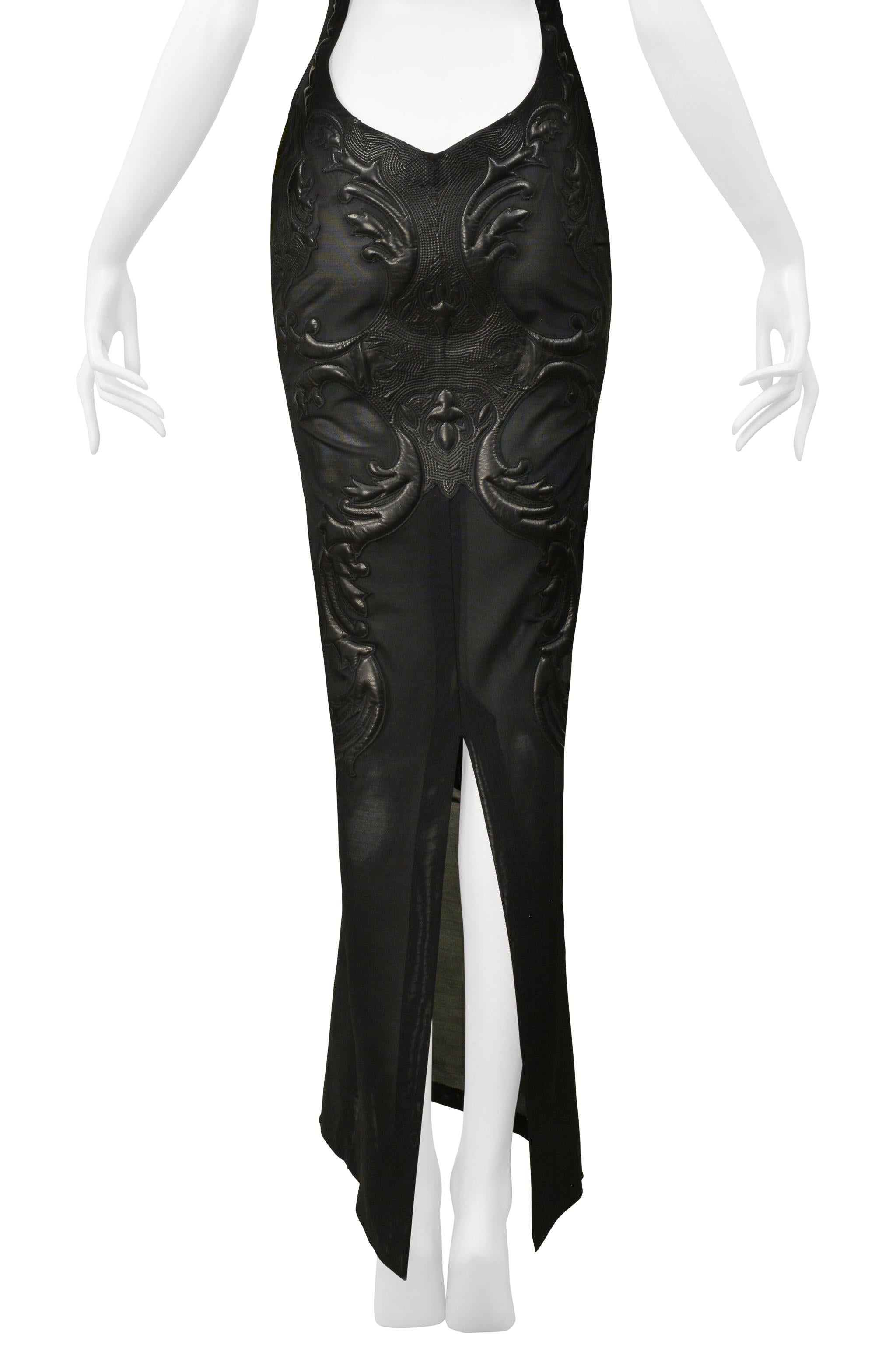 Roberto Cavalli Black Mesh & Leather Applique Evening Gown 2002 For Sale 5