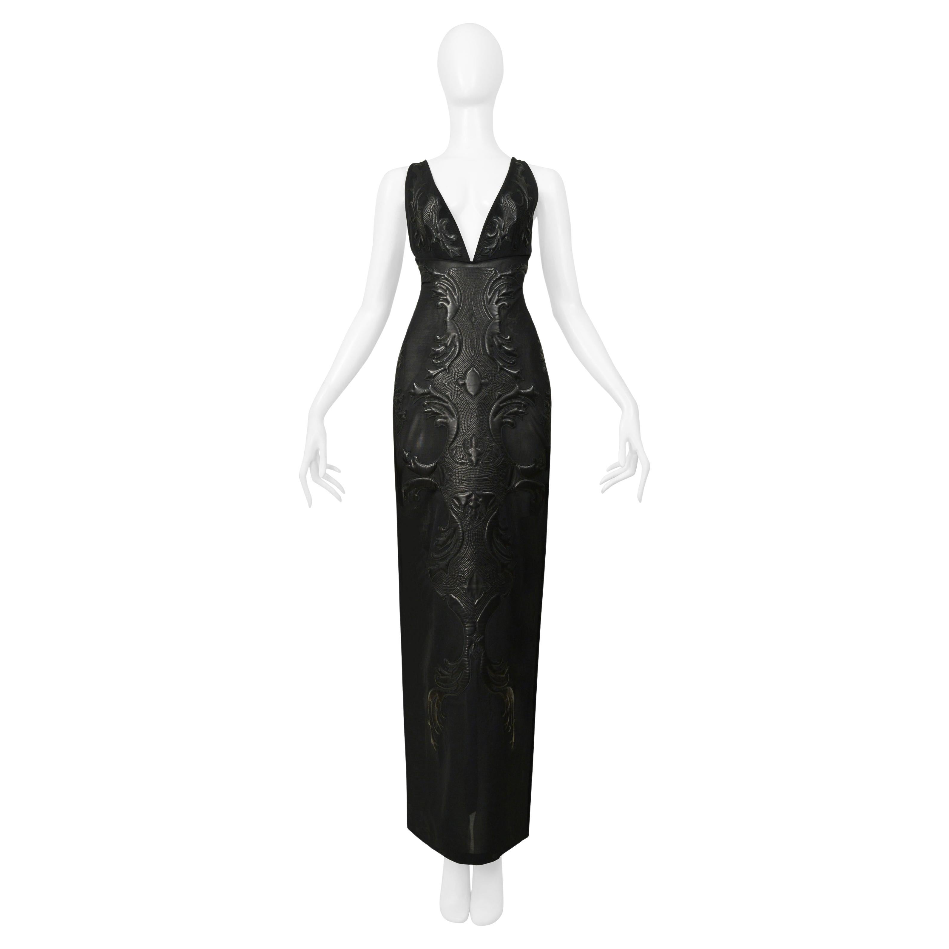 Roberto Cavalli Black Mesh & Leather Applique Evening Gown 2002 For Sale