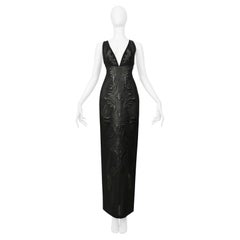 Roberto Cavalli Black Mesh & Leather Applique Evening Gown 2002