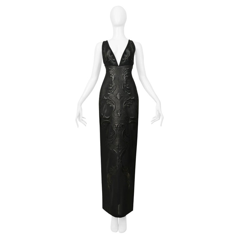 Roberto Cavalli Black Mesh and Leather Applique Evening Gown 2002 For Sale  at 1stDibs