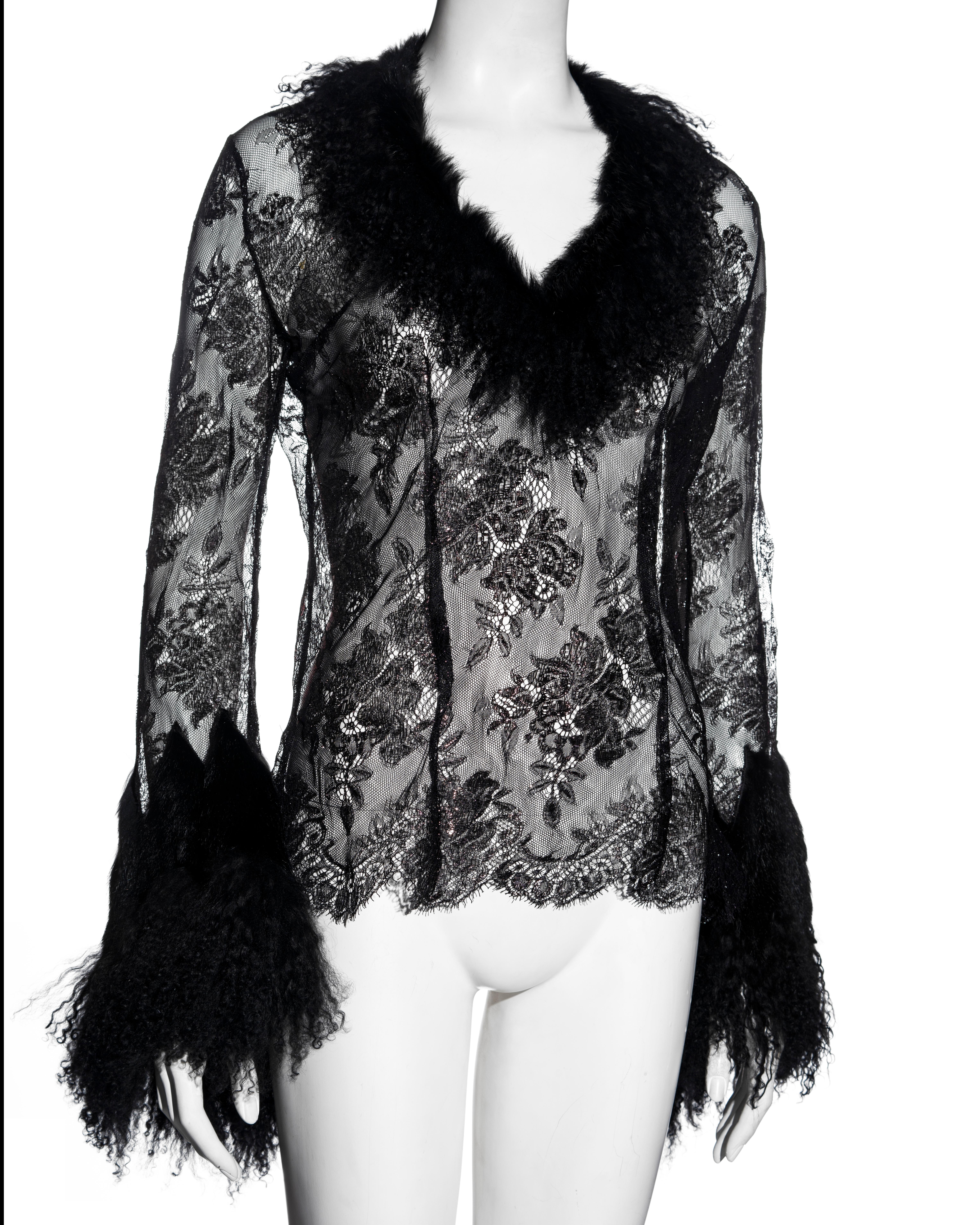 Roberto Cavalli black metallic lace and Mongolian lamb fur blouse, fw 1999 In Excellent Condition For Sale In London, GB