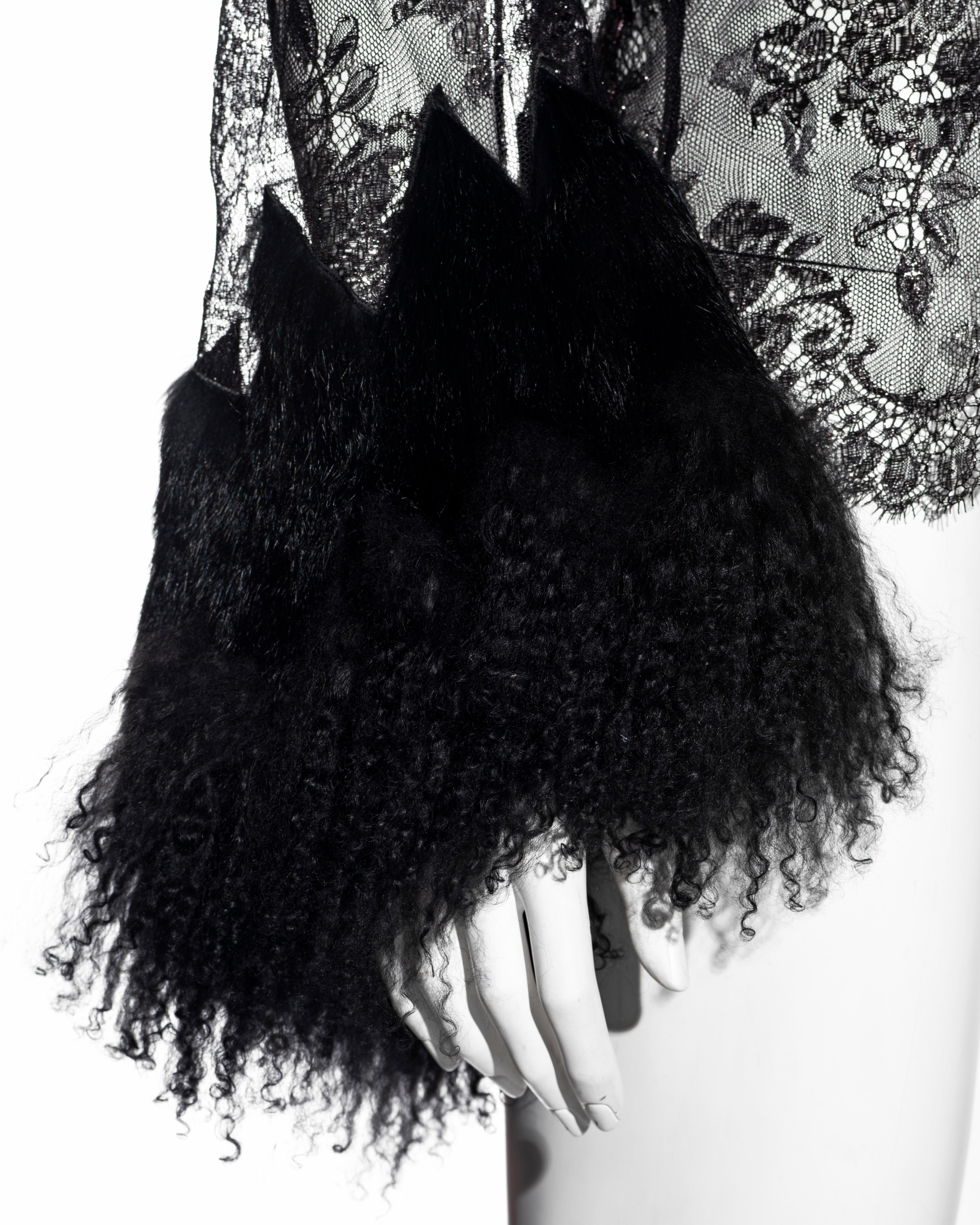 Women's Roberto Cavalli black metallic lace and Mongolian lamb fur blouse, fw 1999 For Sale