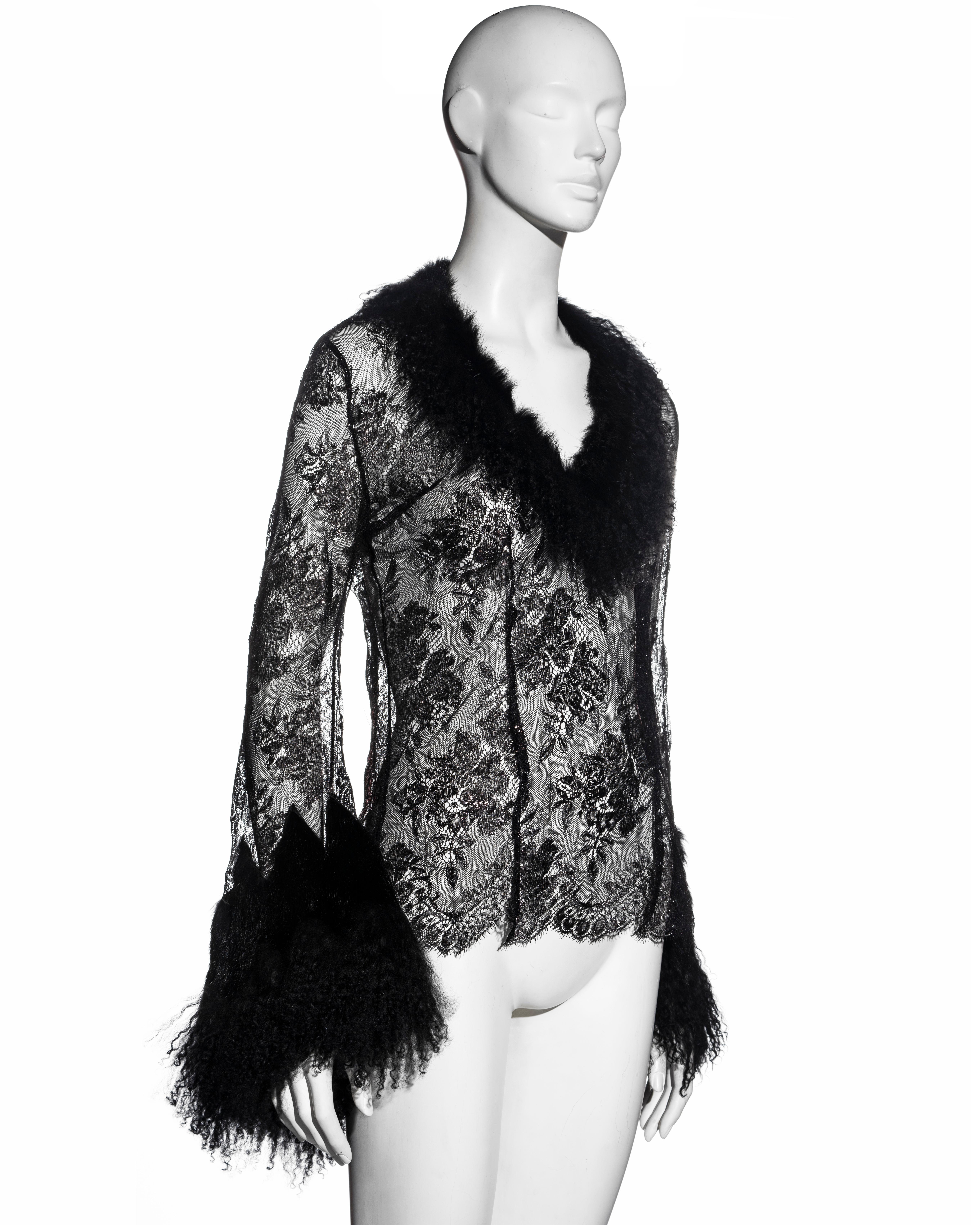 Roberto Cavalli black metallic lace and Mongolian lamb fur blouse, fw 1999 For Sale 2