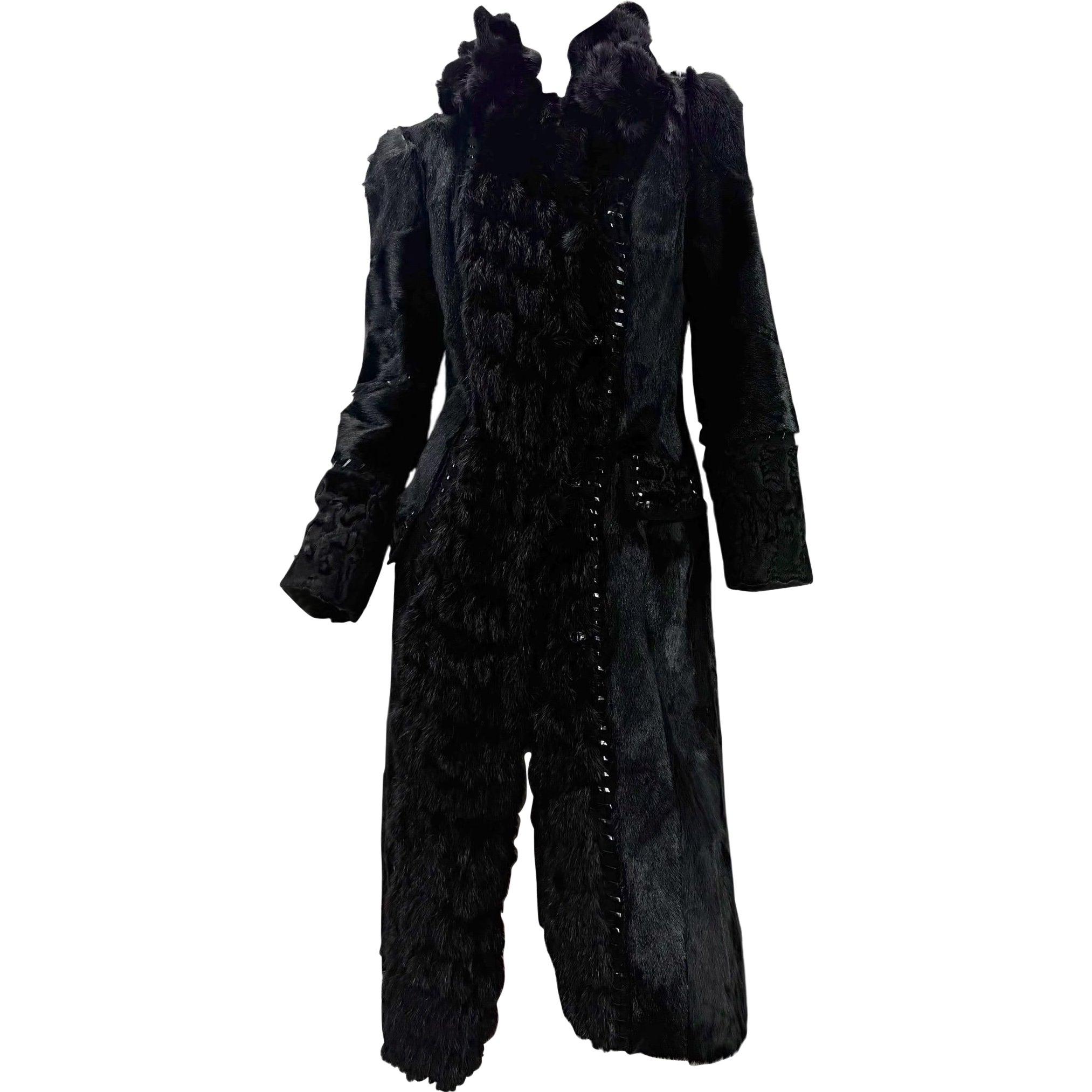 Pre-owned Roberto Cavalli Black Mixed Fur Coat W/ Knit Panels & Patent Leather Lacing
