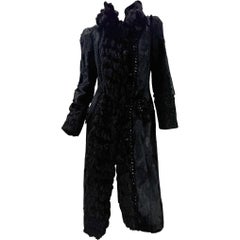 Roberto Cavalli Black Mixed Fur Coat w/ Knit Panels & Patent Leather Lacing