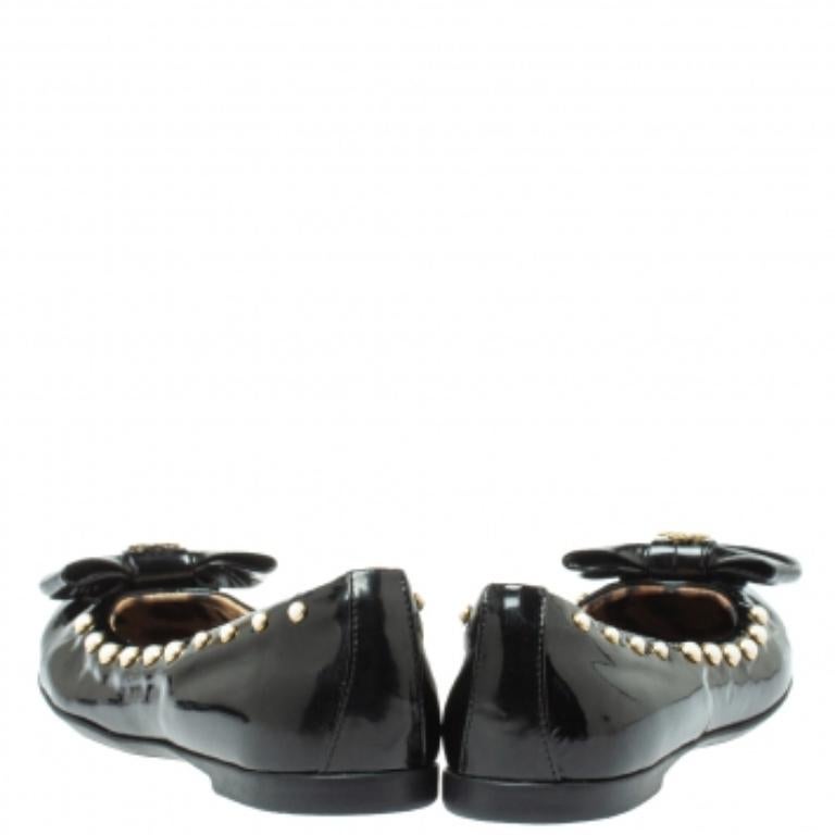 Roberto Cavalli Black Patent Leather Embellished Bow Ballet Flats Size 37 For Sale 1