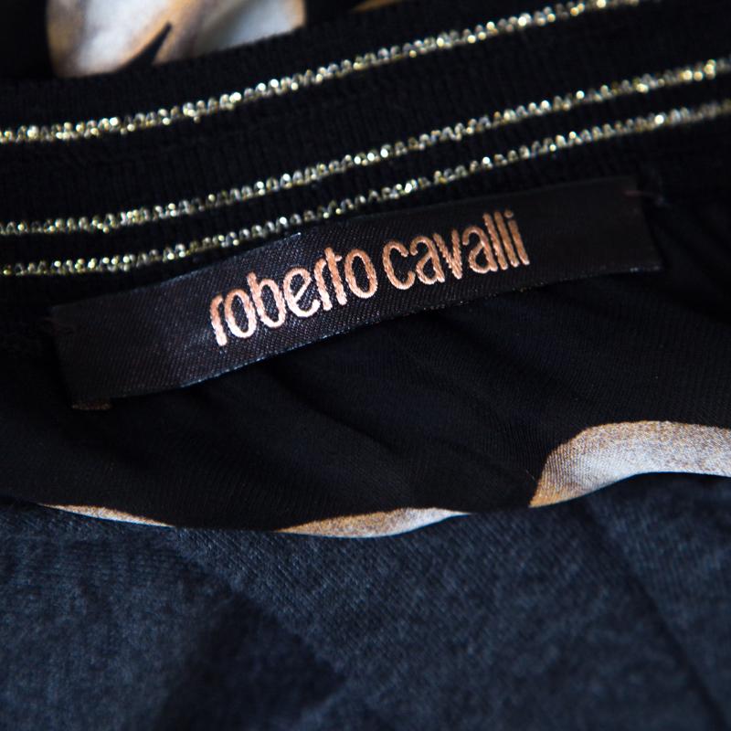 Roberto Cavalli Black Pearl Printed Rib Trim Sheer Blouson Top M 1