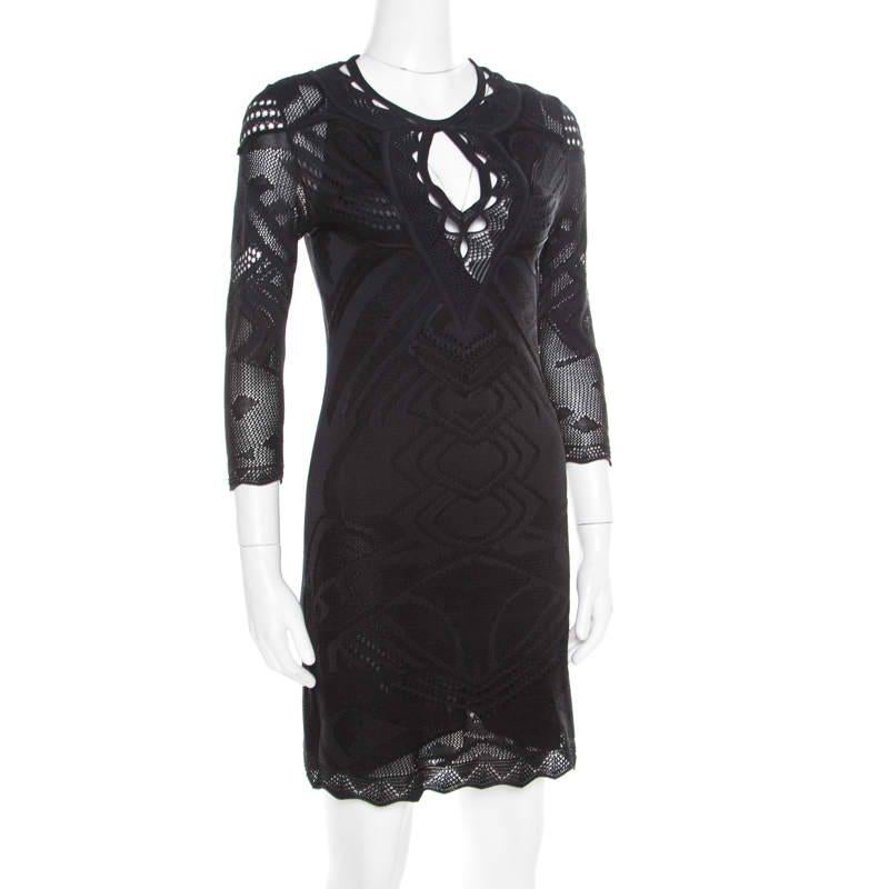 Roberto Cavalli Black Perforated Knit Long Sleeve Bodycon Dress S In Good Condition In Dubai, Al Qouz 2