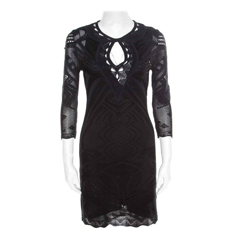 Roberto Cavalli Black Perforated Knit Long Sleeve Bodycon Dress S