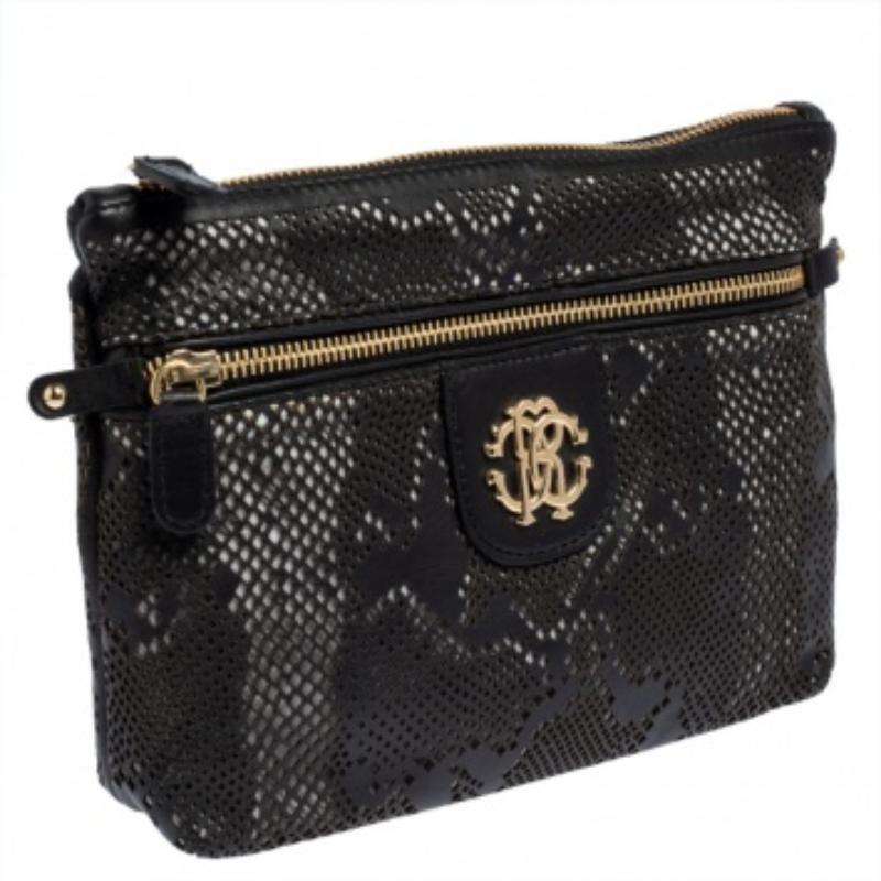 Roberto Cavalli Black Perforated Leather Pouch For Sale 3