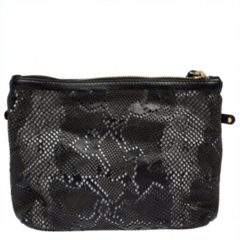 Roberto Cavalli Black Perforated Leather Pouch For Sale 4