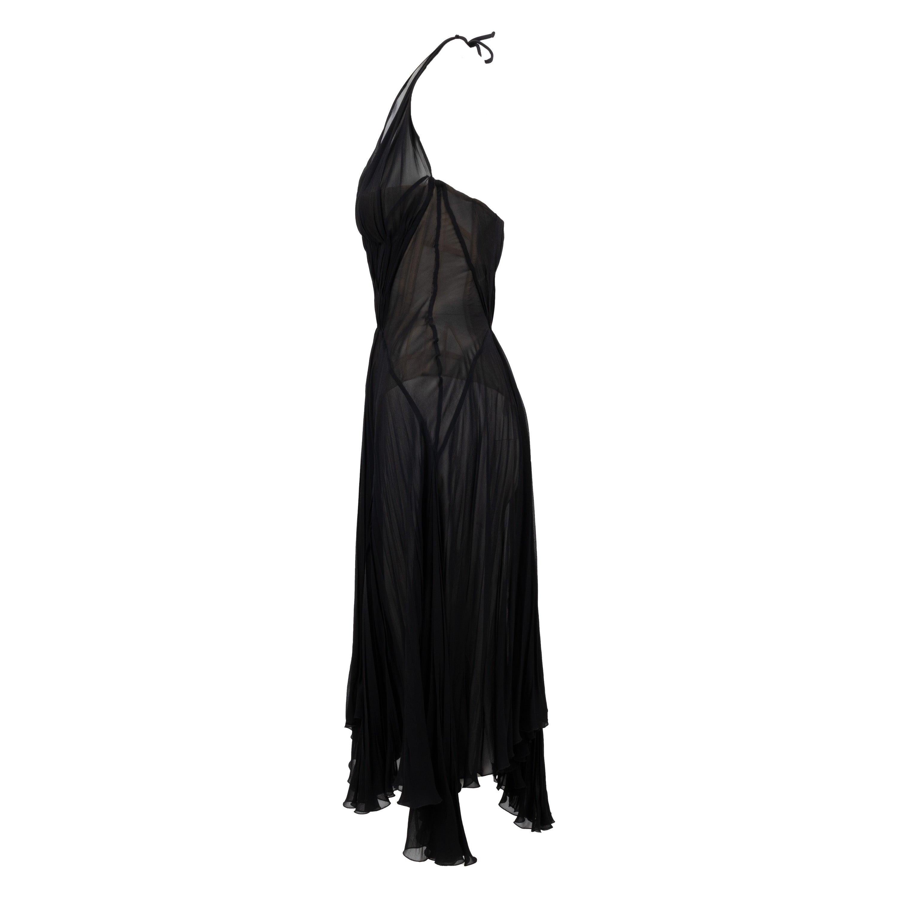Roberto Cavalli black dress with built-in corset, a plunge neckline and tie-knot on the neck. The plunge neckline and tie-knot detail add a touch of elegance and sophistication to the design, while the open backless feature adds a hint of