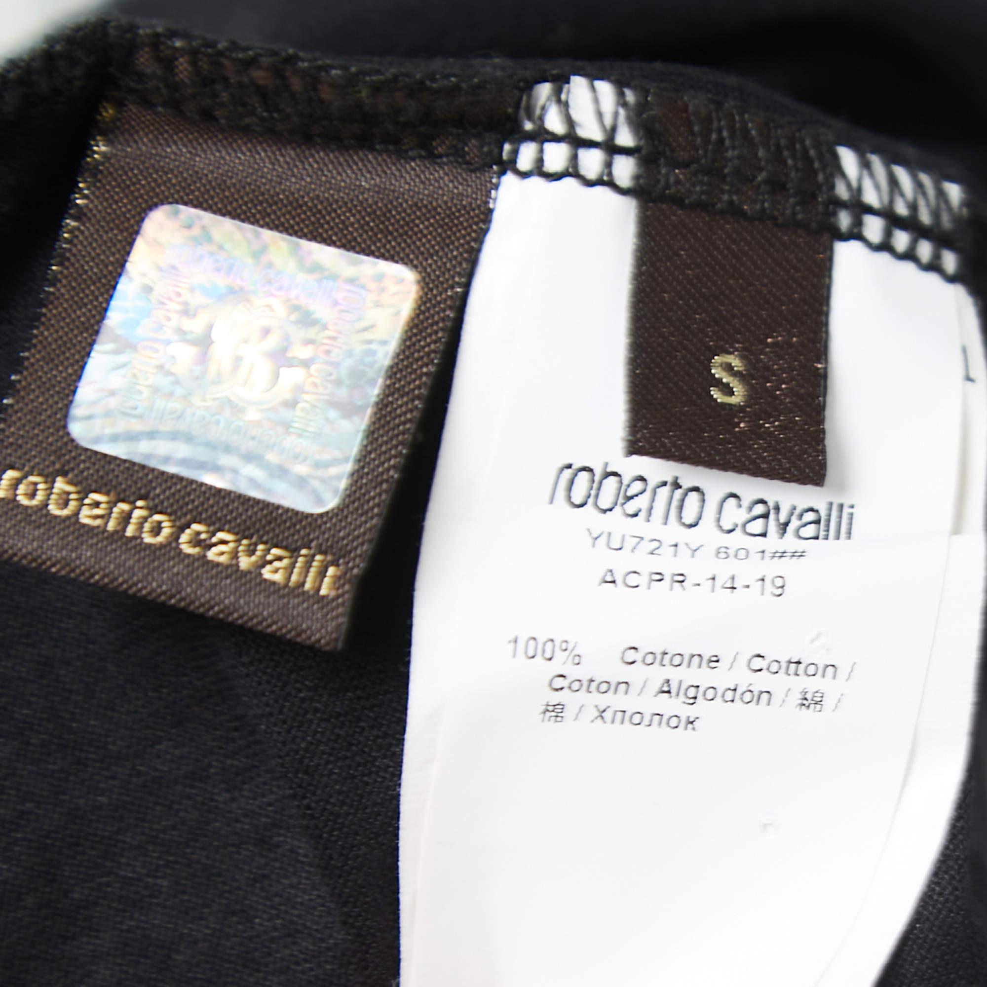 Roberto Cavalli Black Printed Cotton Full Sleeve T-Shirt S For Sale 1