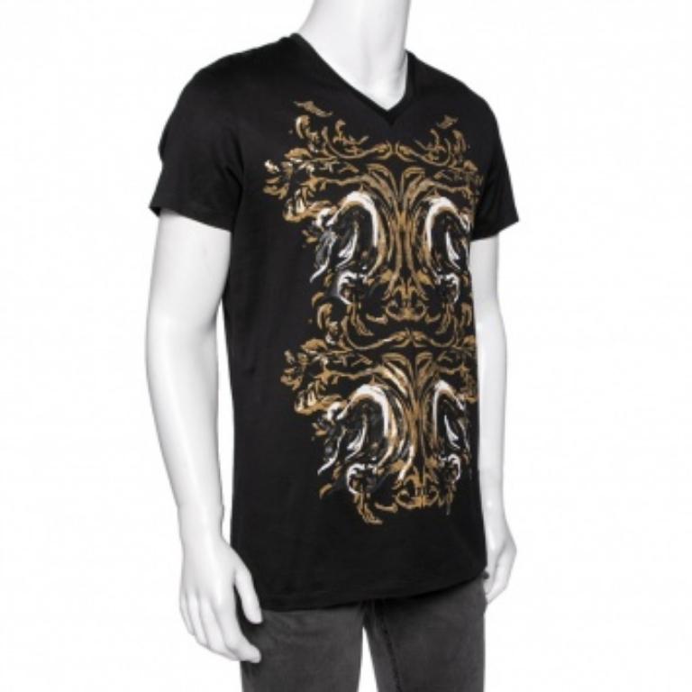 Roberto Cavalli Camiseta negra de manga corta de algodón estampado M Negro en venta