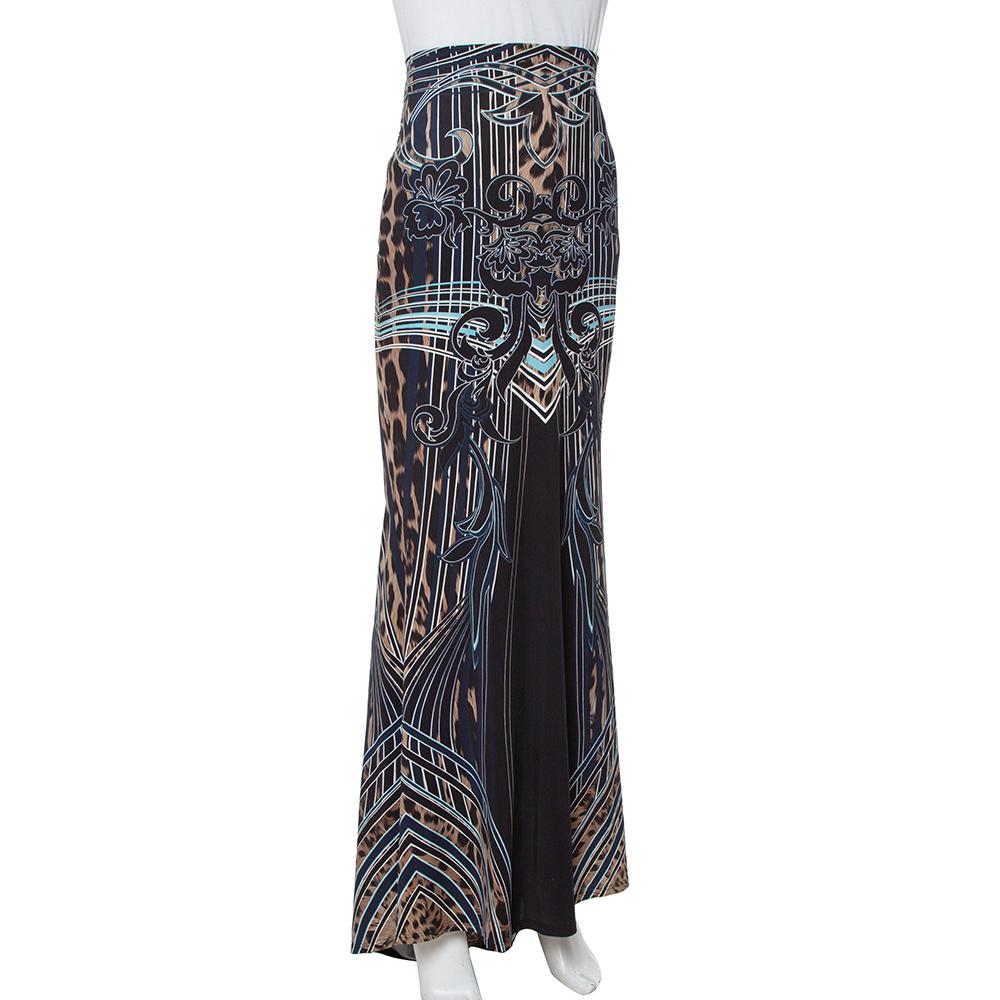 Roberto Cavalli Black Printed Jersey Fit & Flare Maxi Skirt L In Good Condition In Dubai, Al Qouz 2