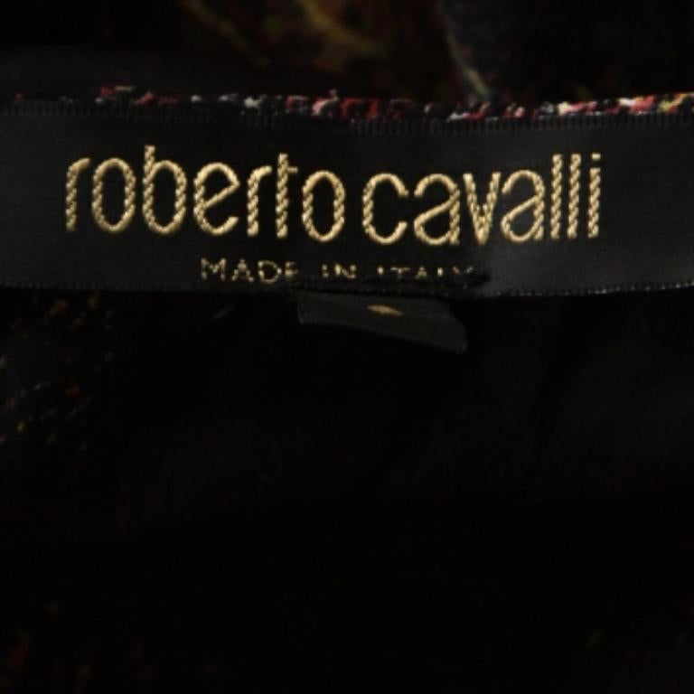 Roberto Cavalli Schwarzes bedrucktes Stretch-Strickoberteil mit Krawatte-Detail Top S im Angebot 1