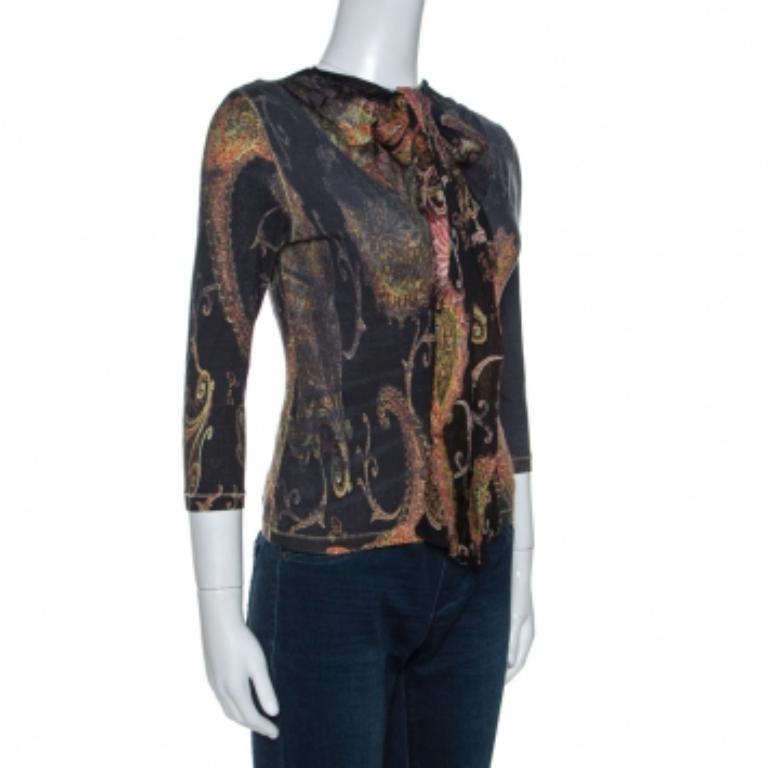 Roberto Cavalli Schwarzes bedrucktes Stretch-Strickoberteil mit Krawatte-Detail Top S im Angebot 2