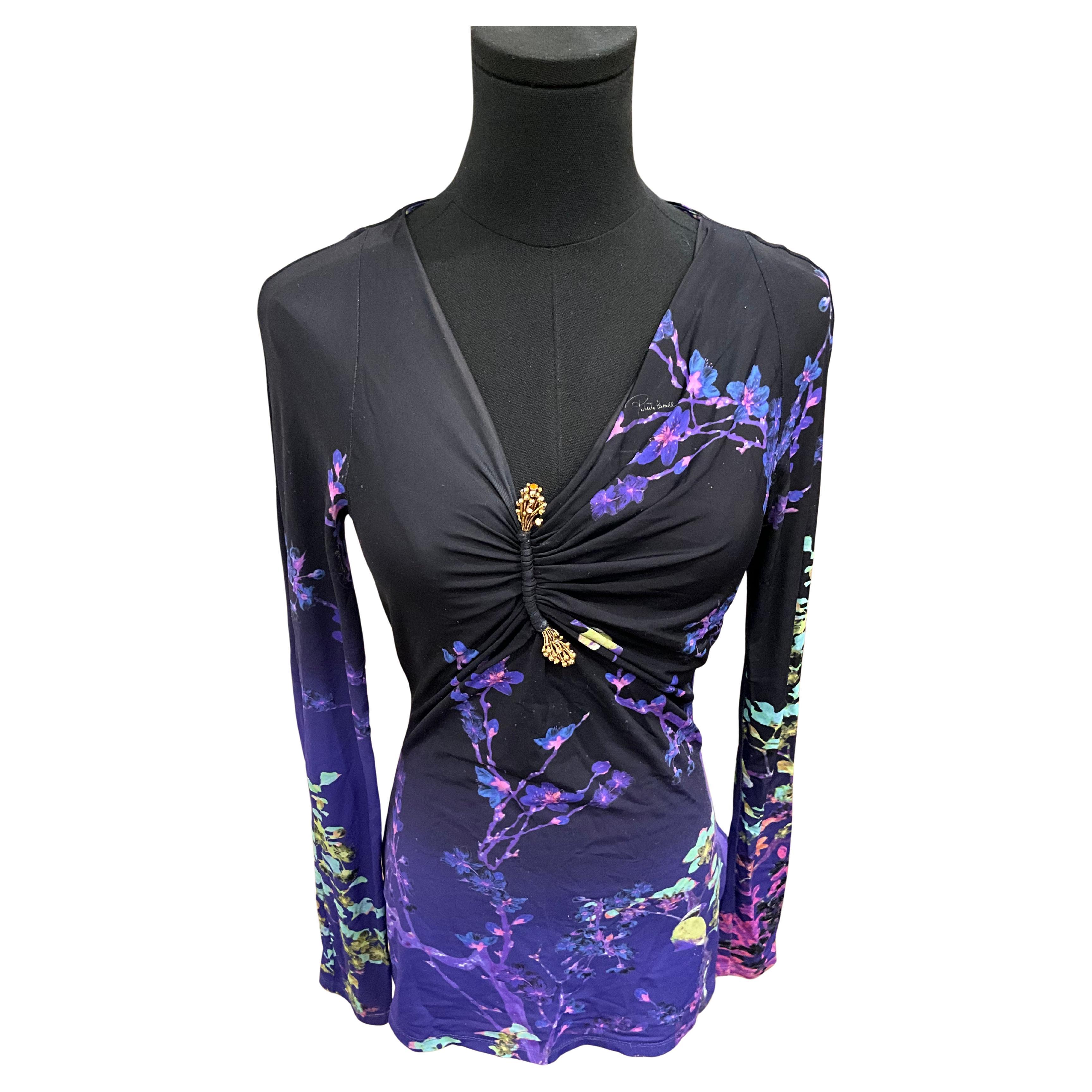 Roberto Cavalli Black Purple Print Top
