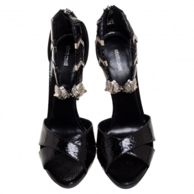 Roberto Cavalli Black Python Crystal Embellished Panther Sandals Size 39 For Sale 1