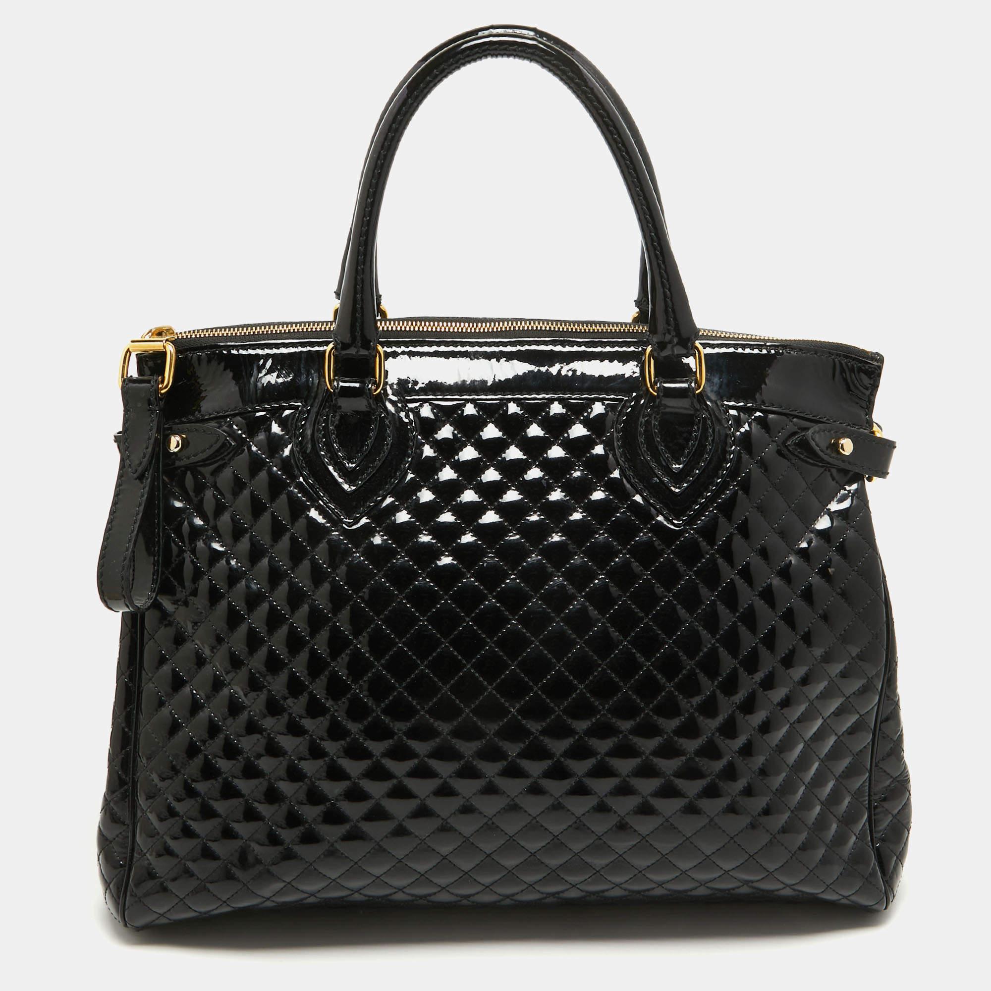 Roberto Cavalli Black Quilted Patent Leather Grand Tour Tote For Sale 1