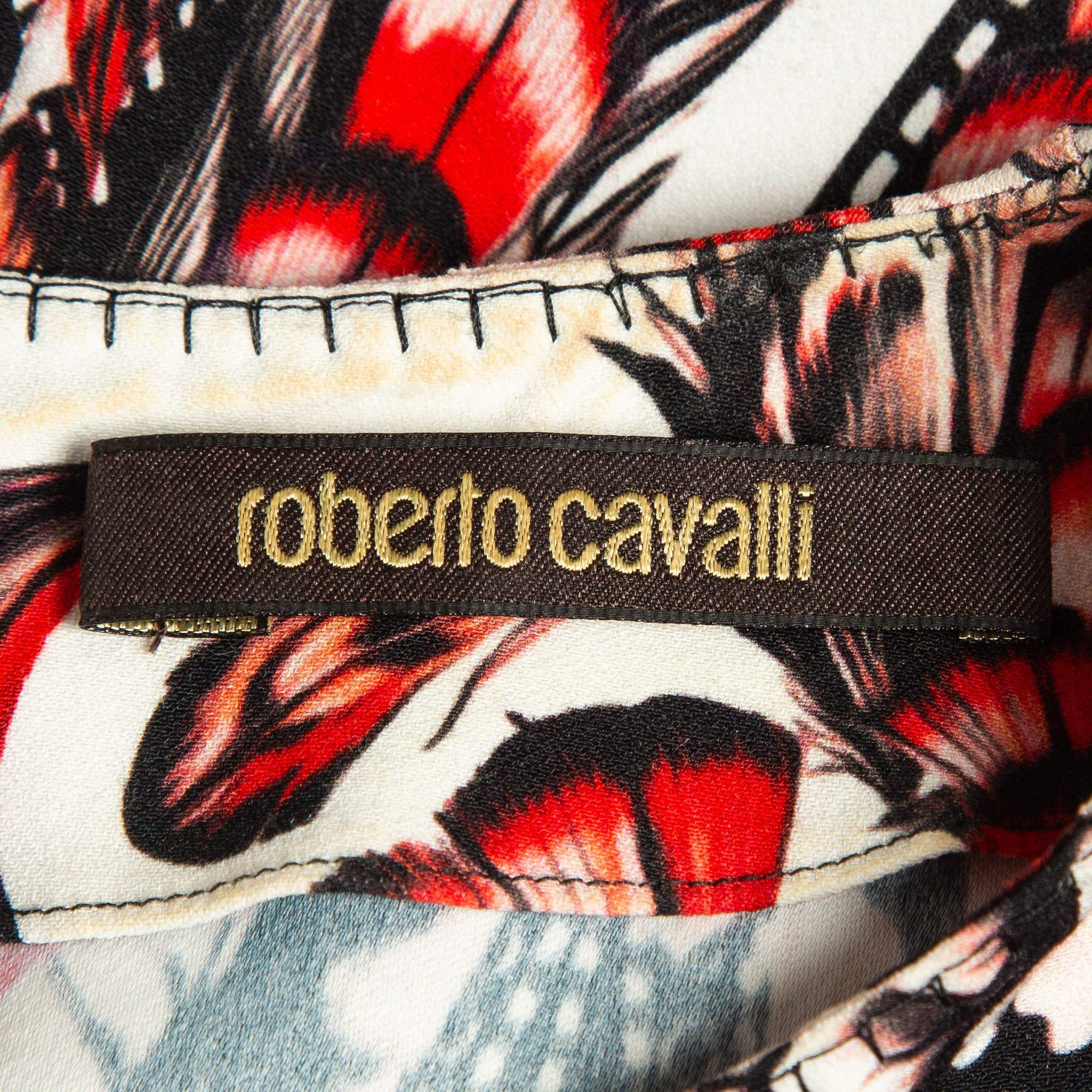 Roberto Cavalli Black/Red Printed Stretch Crepe Short Dress M For Sale 2