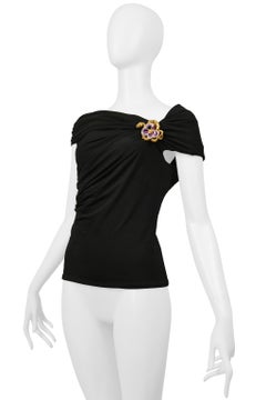 Roberto Cavalli Black Ruched Top With Snake And Flower Brooch