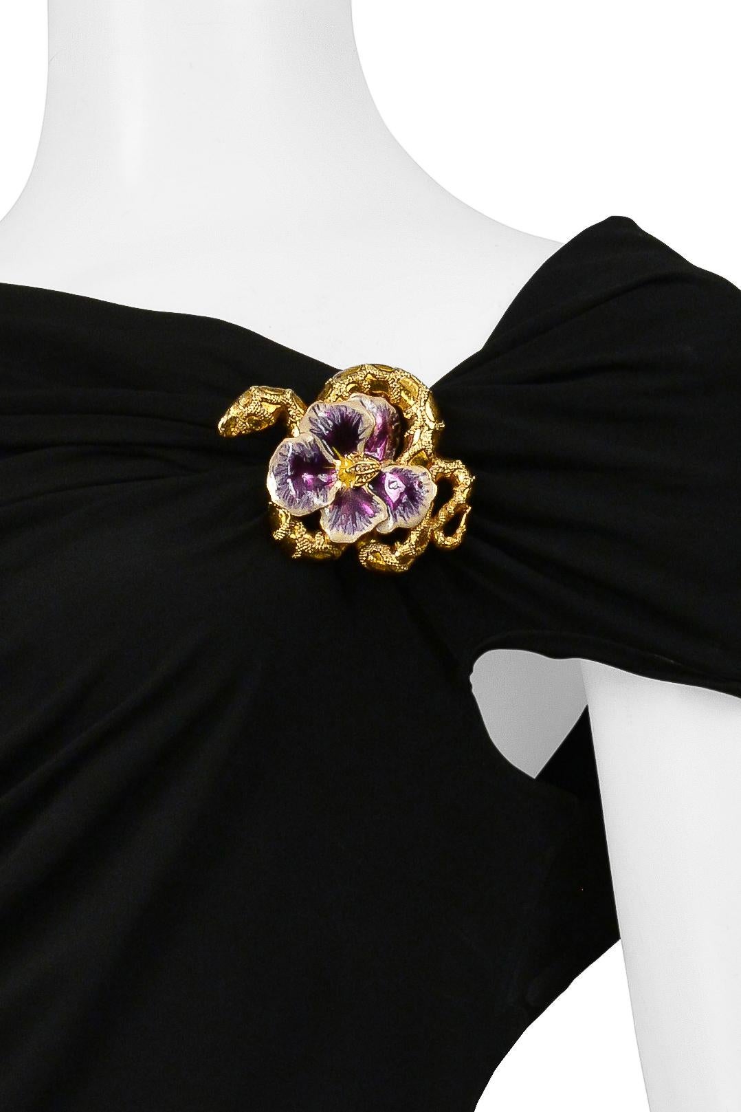 Roberto Cavalli Black Ruched Top With Snake And Flower Brooch In Excellent Condition For Sale In Los Angeles, CA