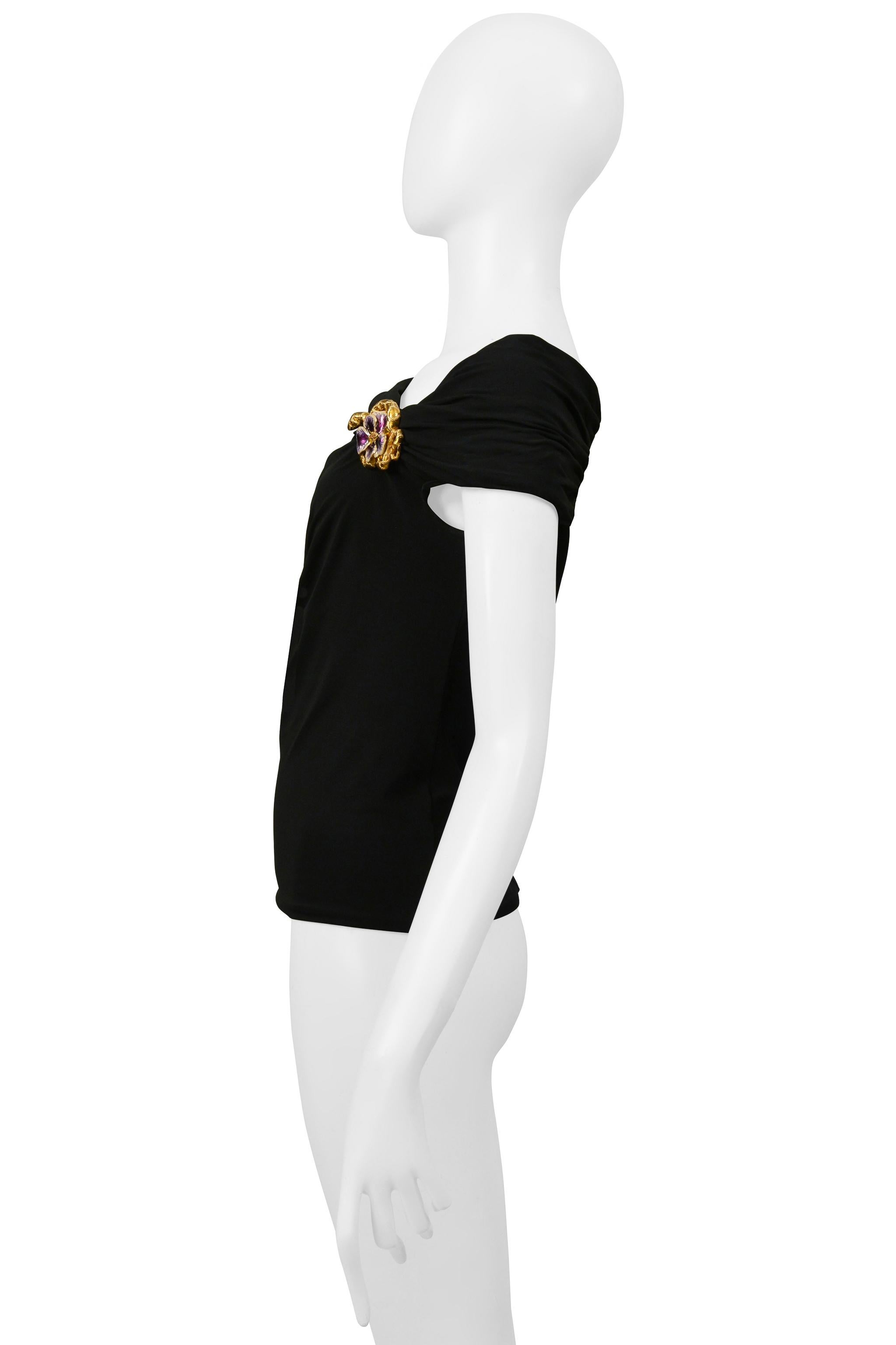 Women's Roberto Cavalli Black Ruched Top With Snake And Flower Brooch For Sale