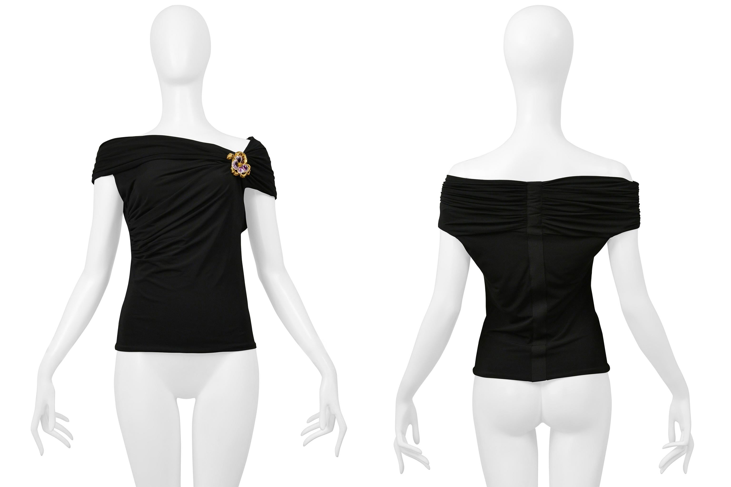 Roberto Cavalli Black Ruched Top With Snake And Flower Brooch For Sale 2