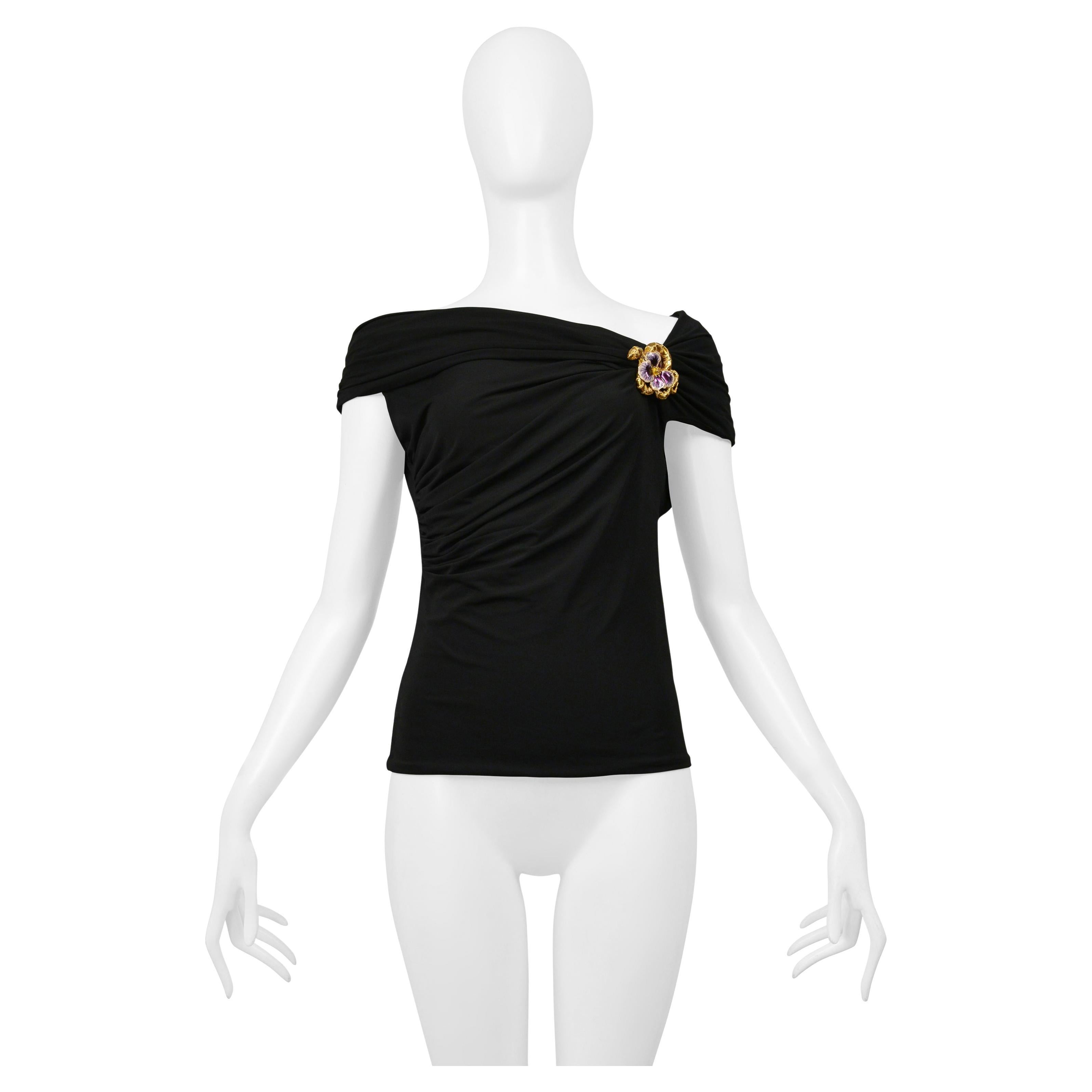 Roberto Cavalli Black Ruched Top With Snake And Flower Brooch For Sale