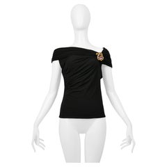 Roberto Cavalli Black Ruched Top With Snake And Flower Brooch