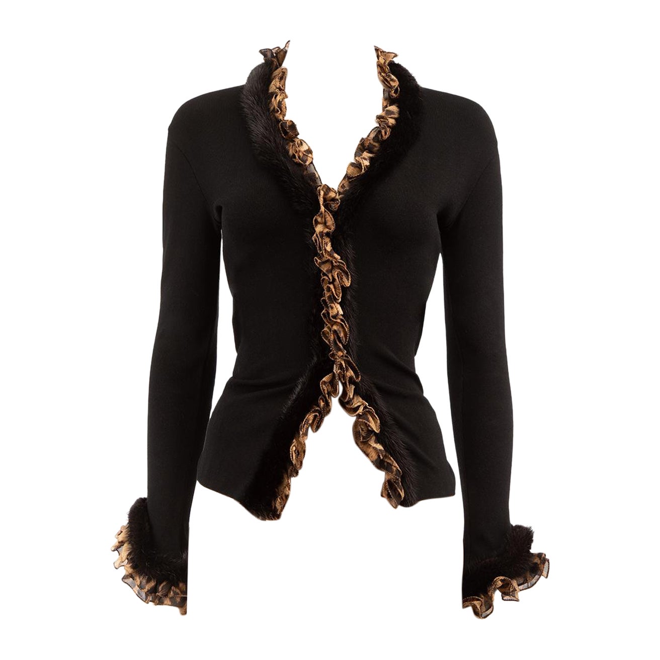 Roberto Cavalli Black Ruffle Fur Trim Cardigan Size M