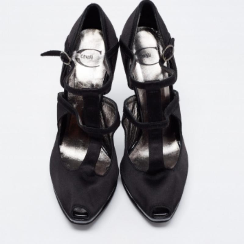 Women's Roberto Cavalli Black Satin Ankle Strap Sandals Size 36 For Sale