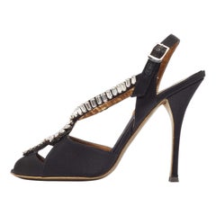 Roberto Cavalli Black Satin Crystal Embellished Slingback Sandals Size 38.5 Roberto Cavalli Black Satin Crystal Embellished Slingback Sandals Size 38.5