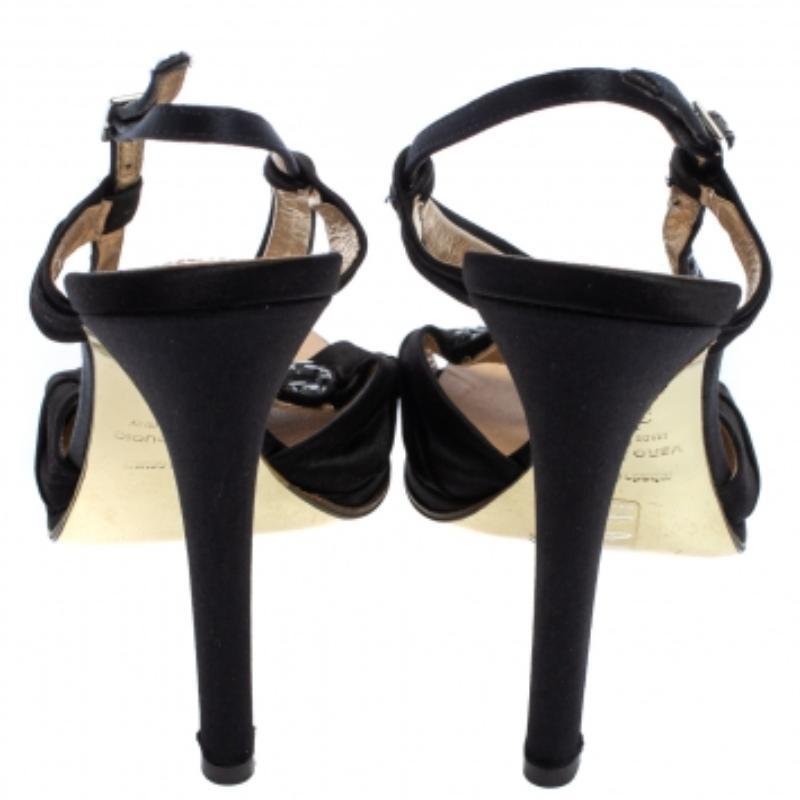 Women's Roberto Cavalli Black Satin Embellished Slingback Sandals Size 37.5 For Sale