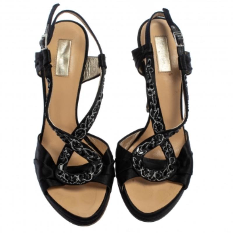 Roberto Cavalli Black Satin Embellished Slingback Sandals Size 37.5 For Sale 2