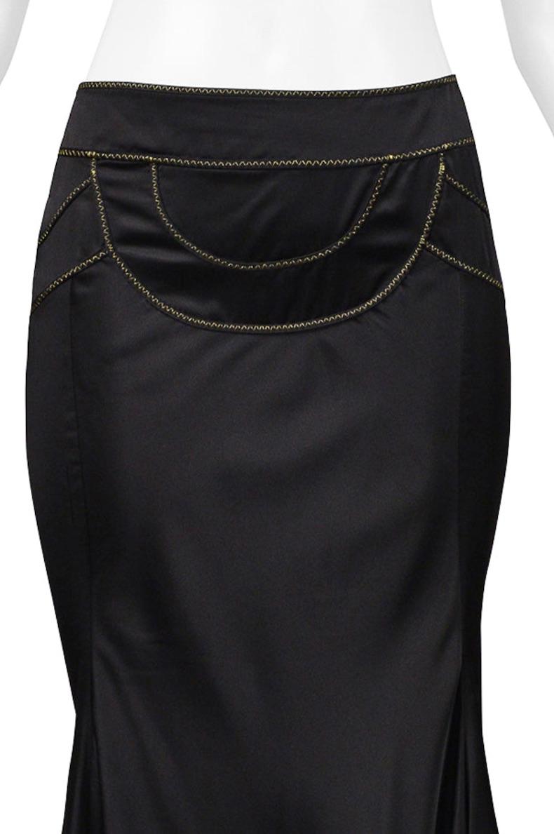 Roberto Cavalli Black Satin Flared Skirt With Gold Stitching In Excellent Condition For Sale In Los Angeles, CA