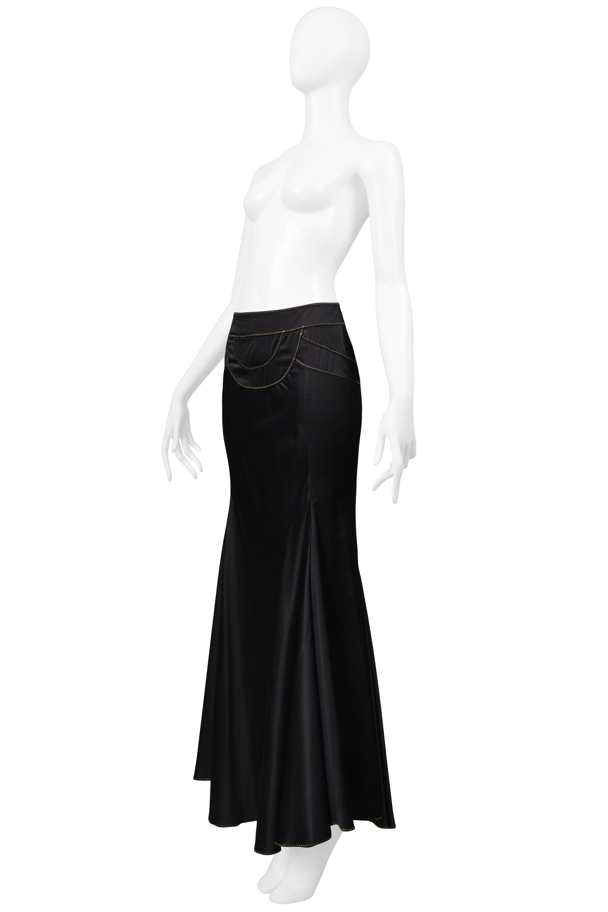 Women's Roberto Cavalli Black Satin Flared Skirt With Gold Stitching For Sale