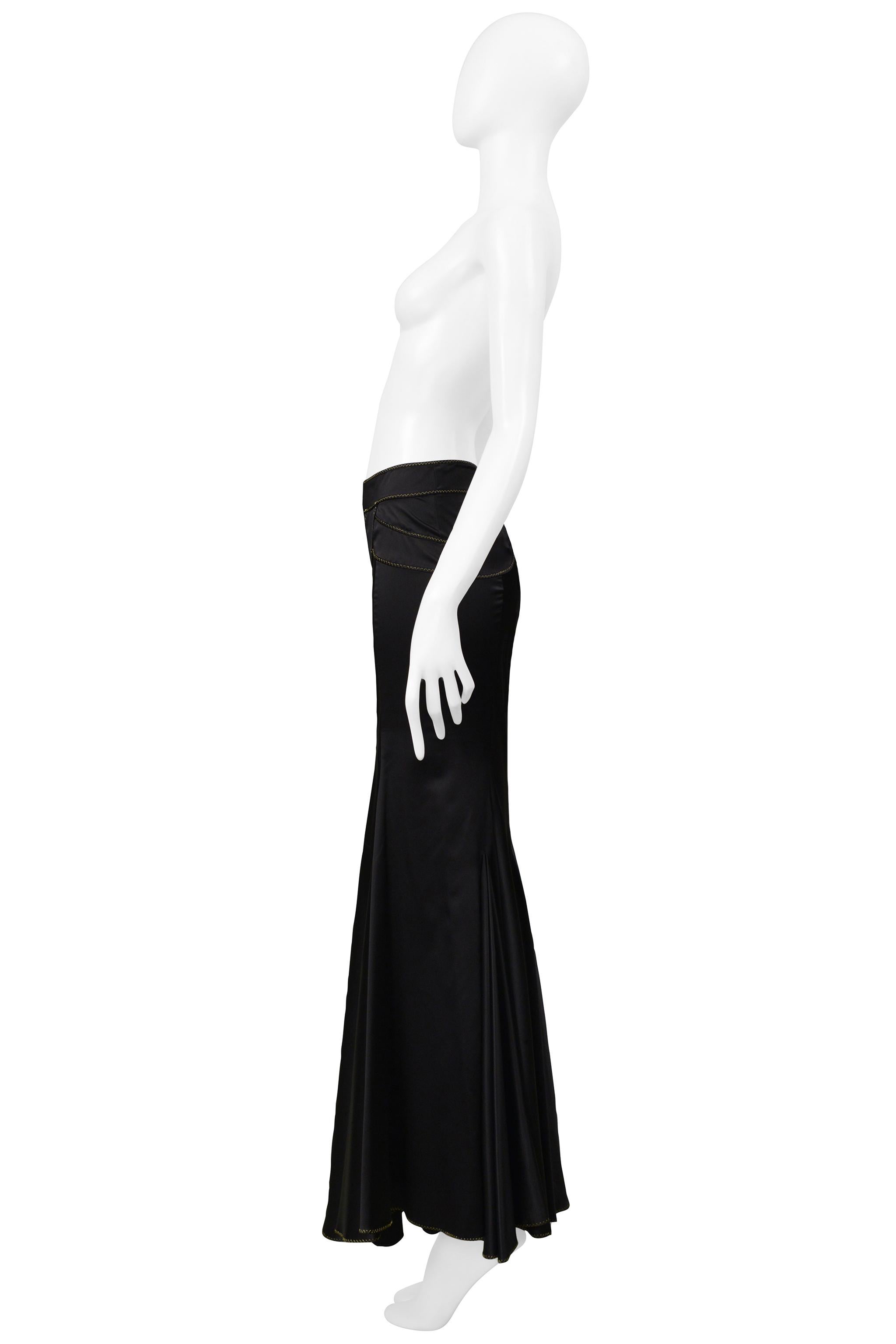 Roberto Cavalli Black Satin Flared Skirt With Gold Stitching For Sale 1