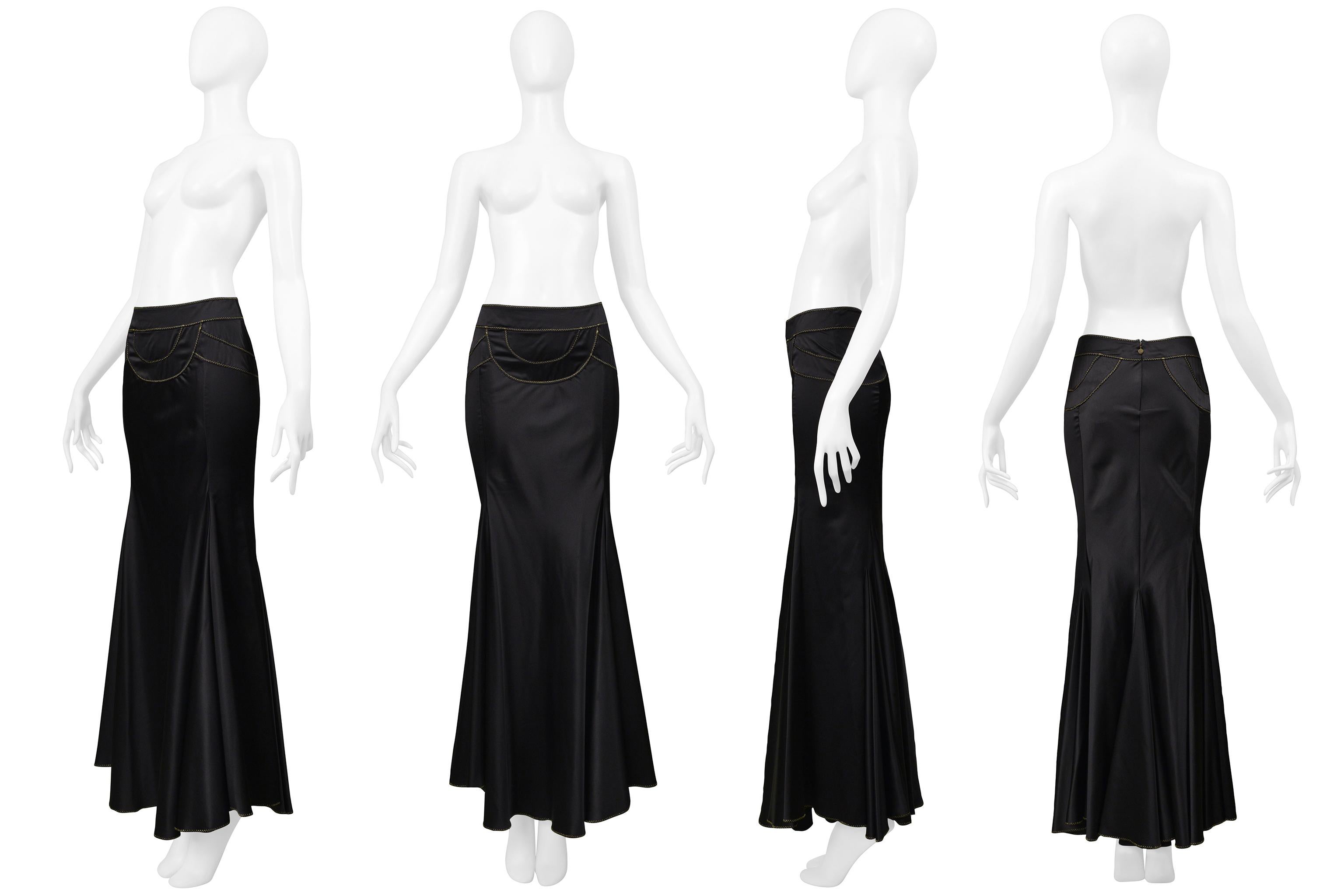 Roberto Cavalli Black Satin Flared Skirt With Gold Stitching For Sale 2