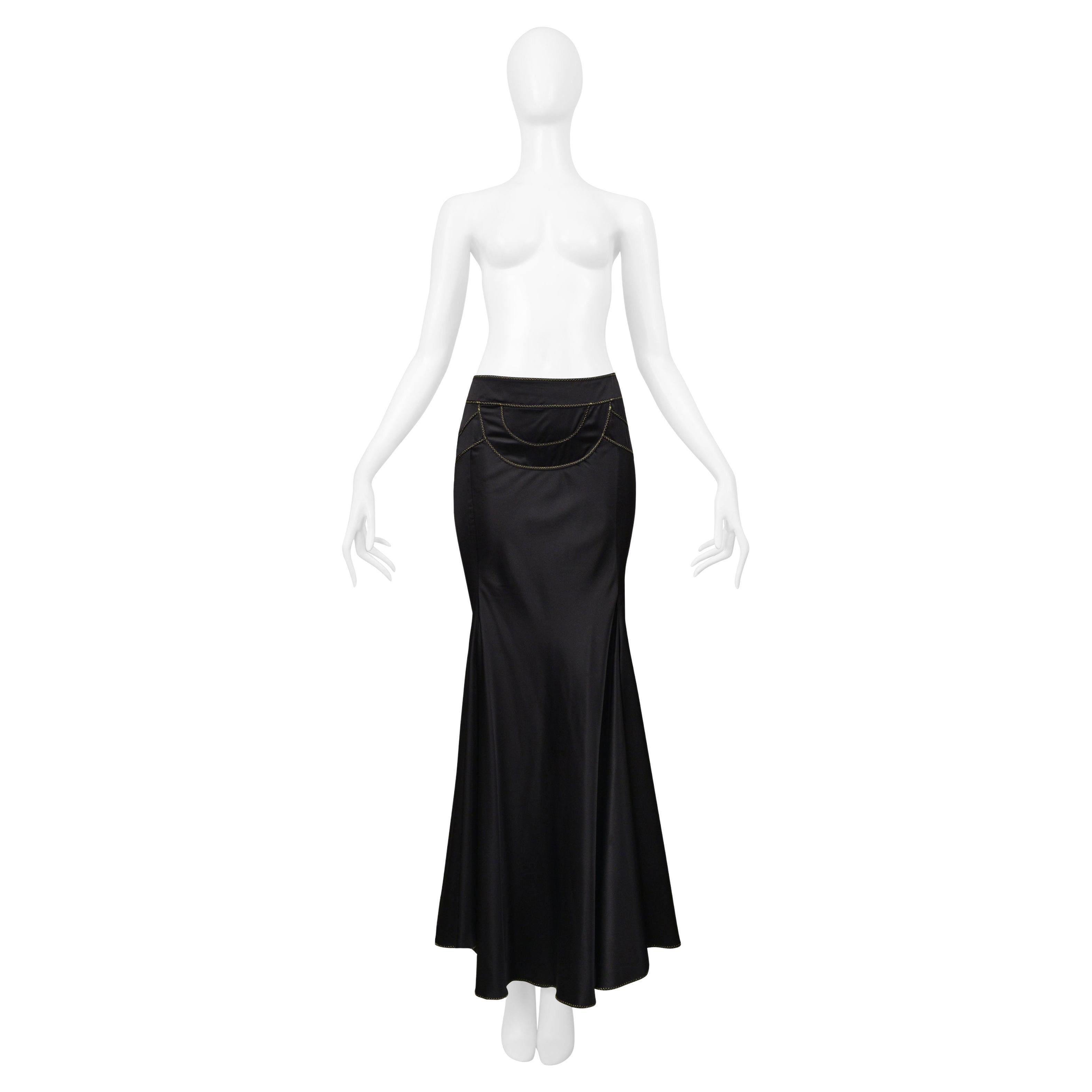 Roberto Cavalli Black Satin Flared Skirt With Gold Stitching For Sale