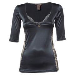 Roberto Cavalli Black Satin Lace Trim V-Neck Top M