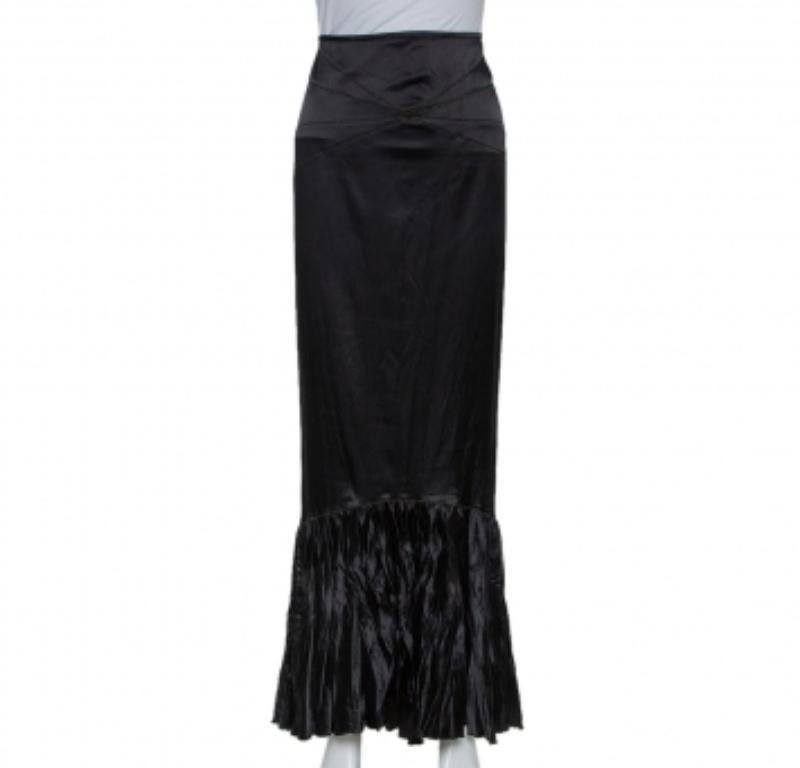 Roberto Cavalli Black Satin Ruffle Hem Detail Maxi Skirt M In Good Condition For Sale In Dubai, Al Qouz 2