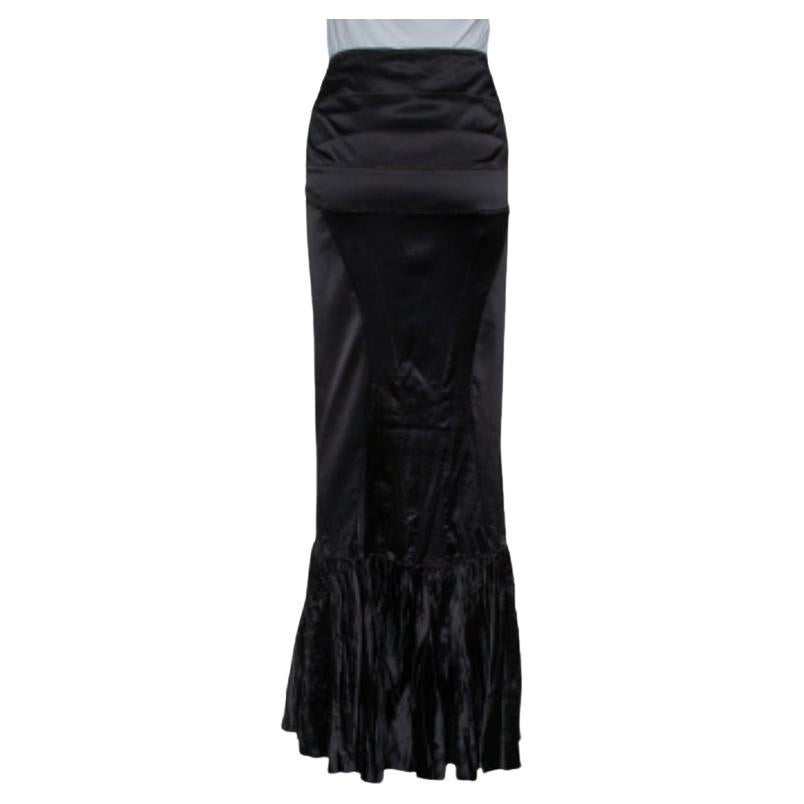 Roberto Cavalli Black Satin Ruffle Hem Detail Maxi Skirt M For Sale