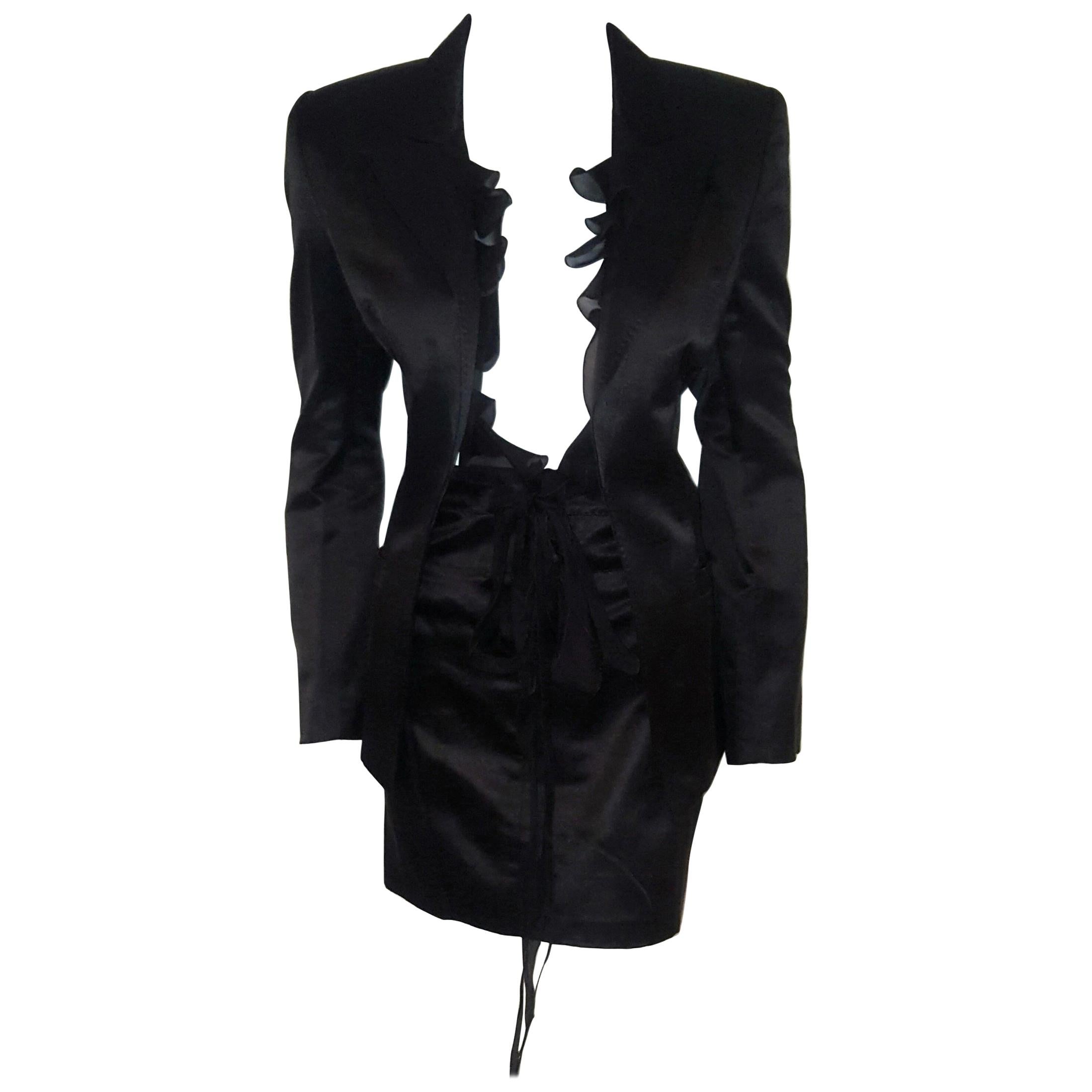 Roberto Cavalli Black Satin Silk & Cotton Skirt Suit Size L For Sale