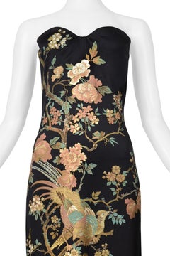 Roberto Cavalli Black Satin Strapless Gown With Asian Floral Print AW 2006
