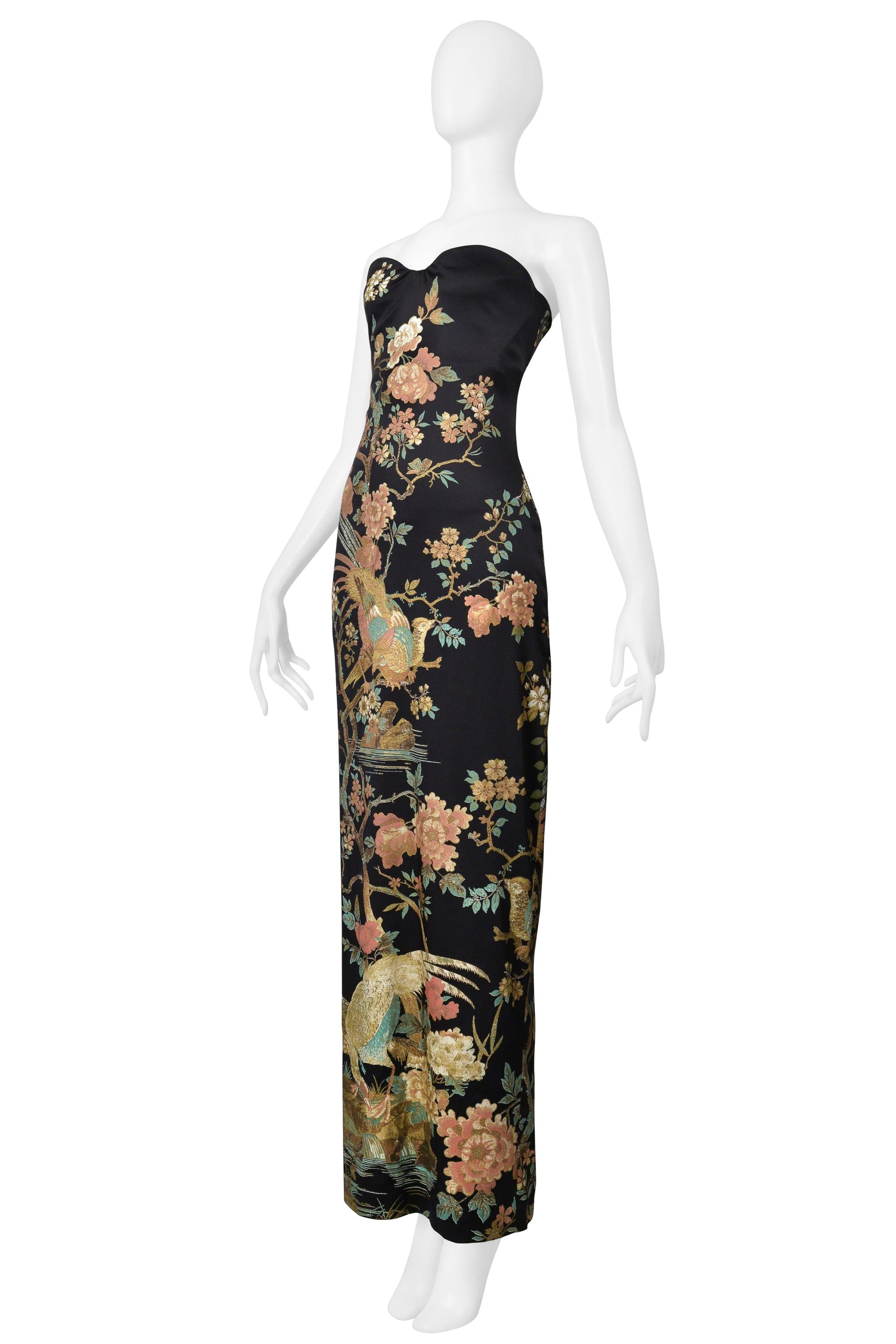 Roberto Cavalli Black Satin Strapless Gown With Asian Floral Print AW 2006 In Excellent Condition In Los Angeles, CA