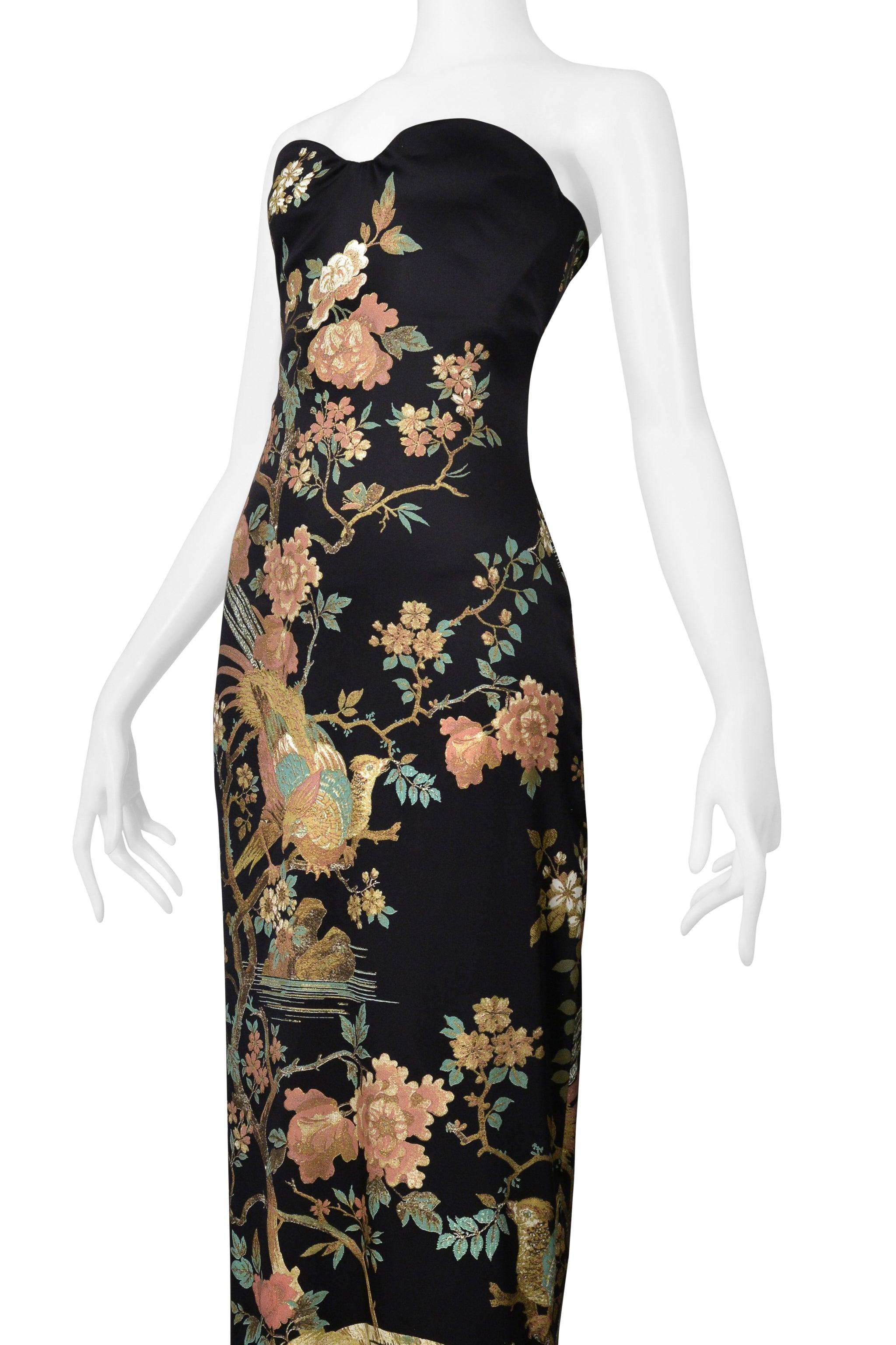 Women's Roberto Cavalli Black Satin Strapless Gown With Asian Floral Print AW 2006