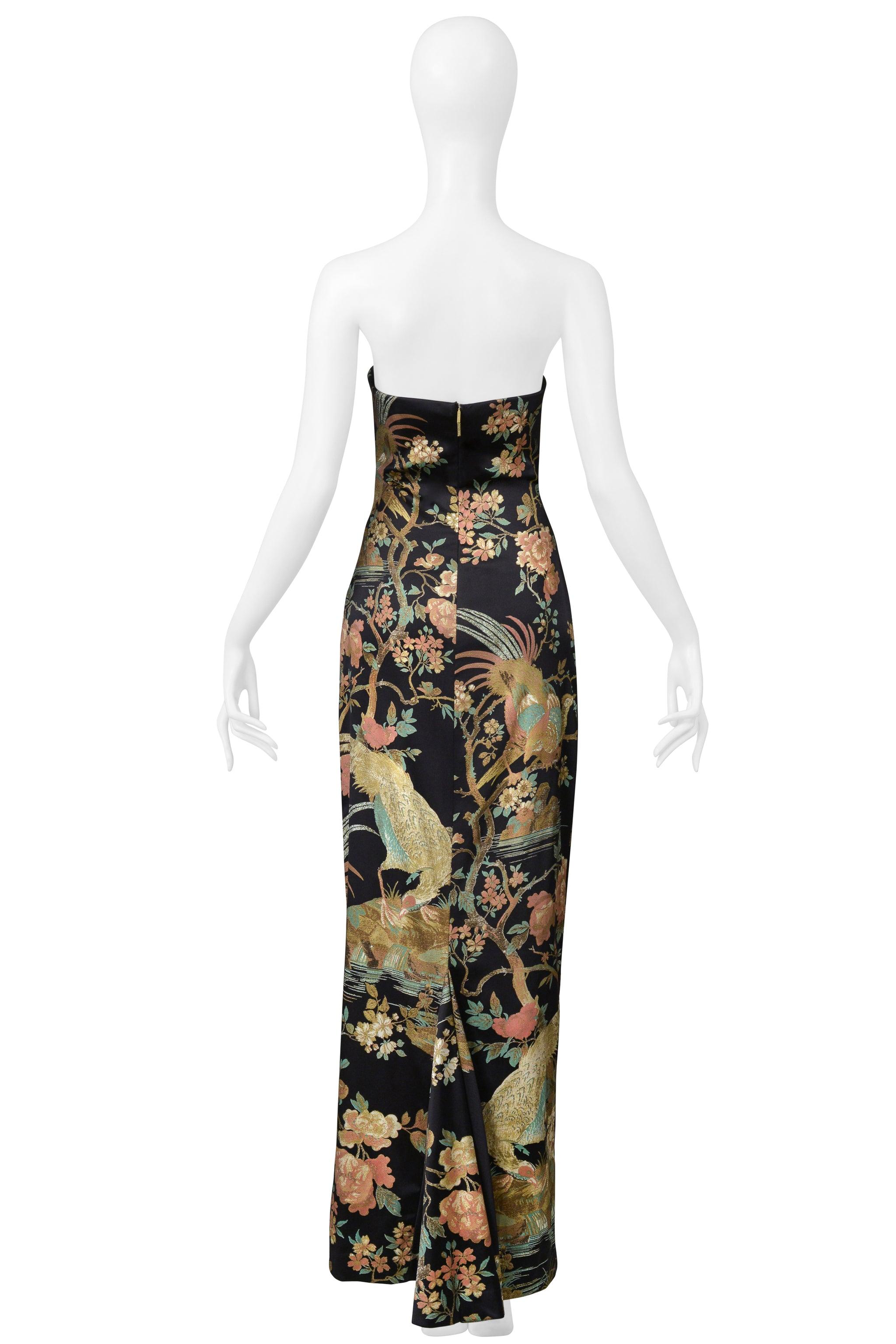 Roberto Cavalli Black Satin Strapless Gown With Asian Floral Print AW 2006 2